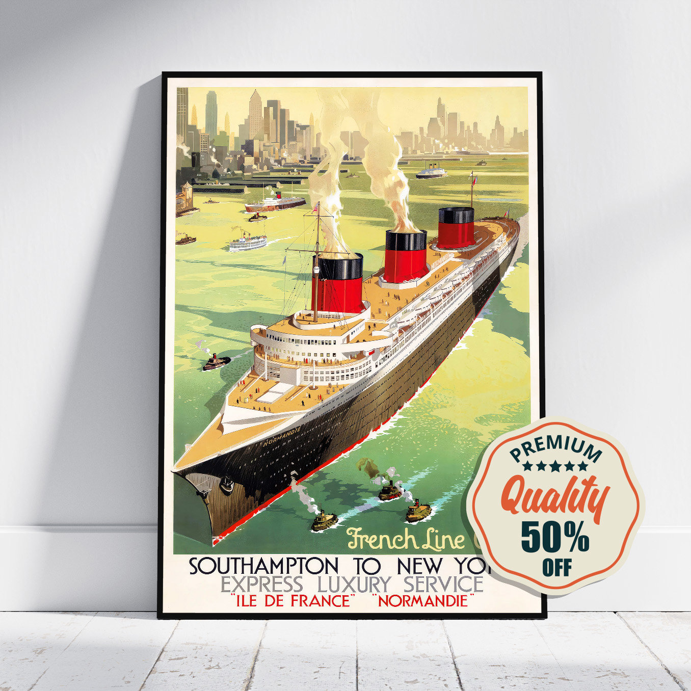 Poster artistico d'epoca - A4, A1...20 x 30 pollici... French Line, Southampton a New York - Stampa di una nave d'epoca