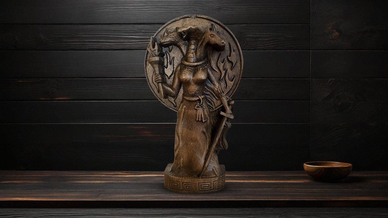Statua di Ecate, Ecate, Dea greca, Figura di Ecate, Statua pagana, Dea Wicca, Ecate in legno, Antica Grecia, Stregoneria, Statua della Triplice Dea