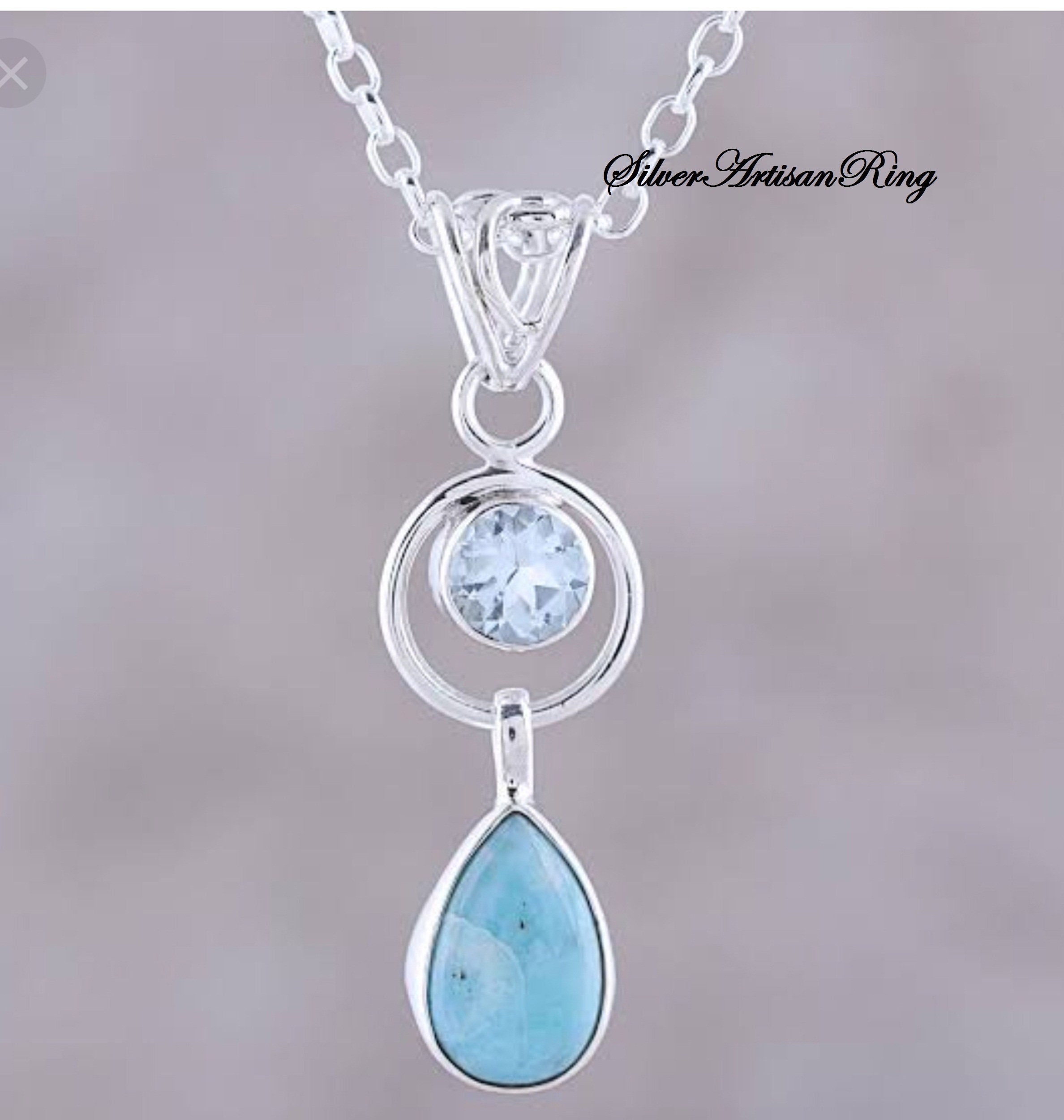 Ciondolo in larimar, ciondolo in argento sterling 925, ciondolo con pietra preziosa, ciondolo con topazio blu, ciondolo fatto a mano, ciondolo adorabi