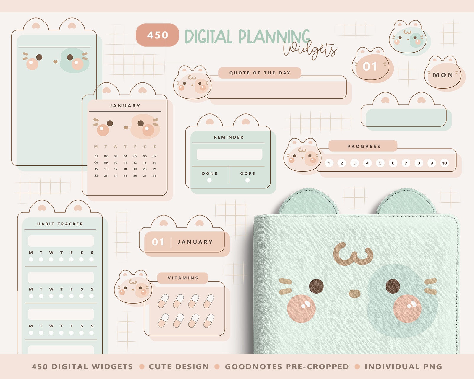 Widget digitali Kawaii/Simpatici widget di pianificazione digitale/Simpatici adesivi digitali/Libro di adesivi digitali carino/Set di adesivi Goodnote