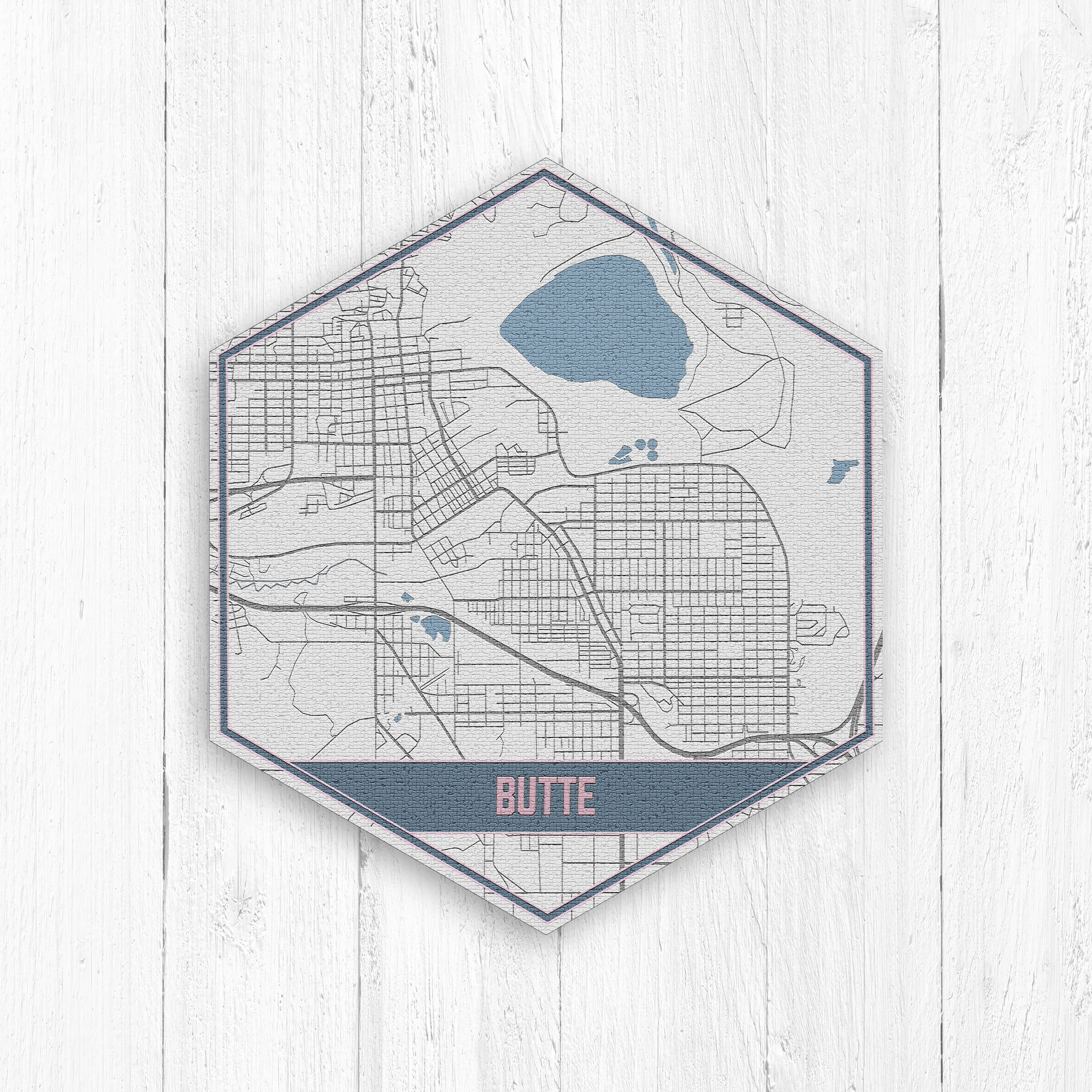 Mappa stradale di Butte Montana, esagono di Butte Montana, mappa stradale grigia e blu, stampa di Butte Montana, mappa di Butte Montana, tela della ci