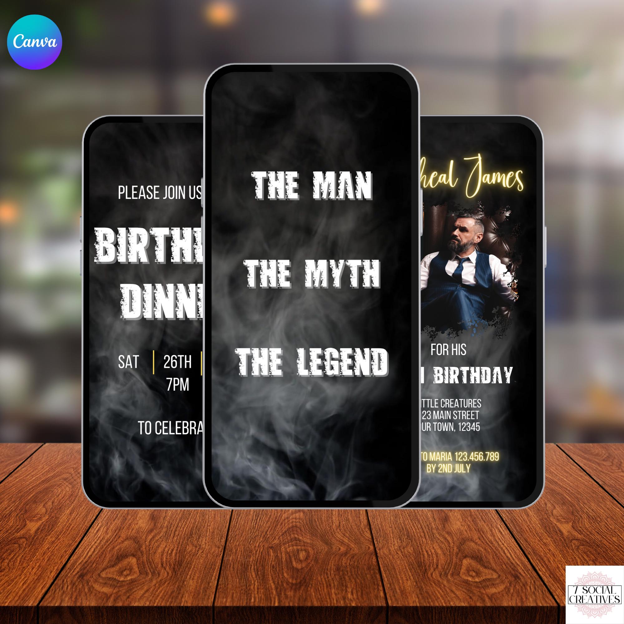 "Modello di invito per cena di compleanno per uomo. Invito digitale per lui con foto. Tema: \"L'uomo, mito e leggenda\". Invito elettronico modificabile"