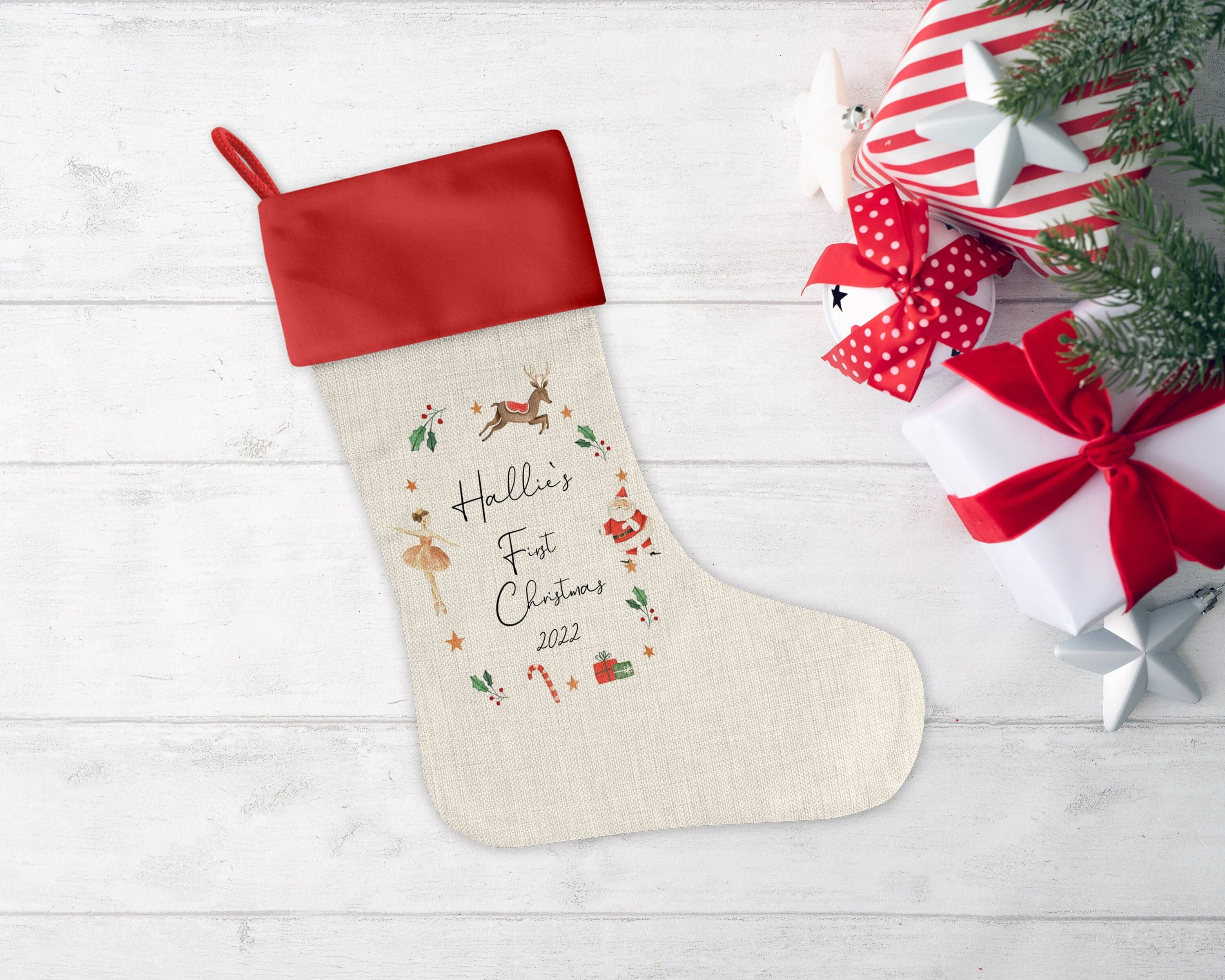 Prima calza di Natale, primo regalo di Natale, regalo di Natale del bambino, decorazioni natalizie, calza di Natale, calza di Natale, Natale,