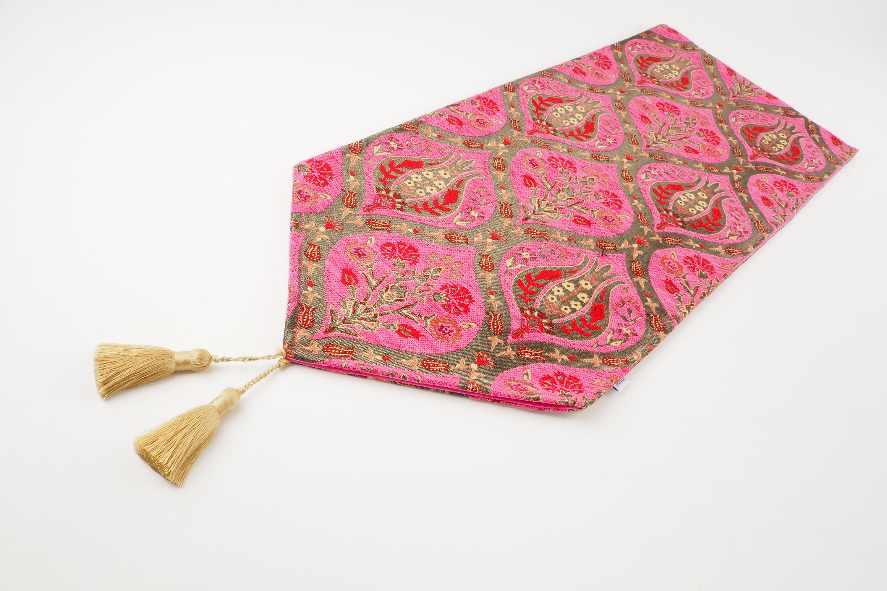 Runner da tavolo, tovaglie in tessuto con motivo a tulipano rosa marocchino Mazenda, runner da tavolo turco, tessuto boho, tovaglie, runner da tavolo