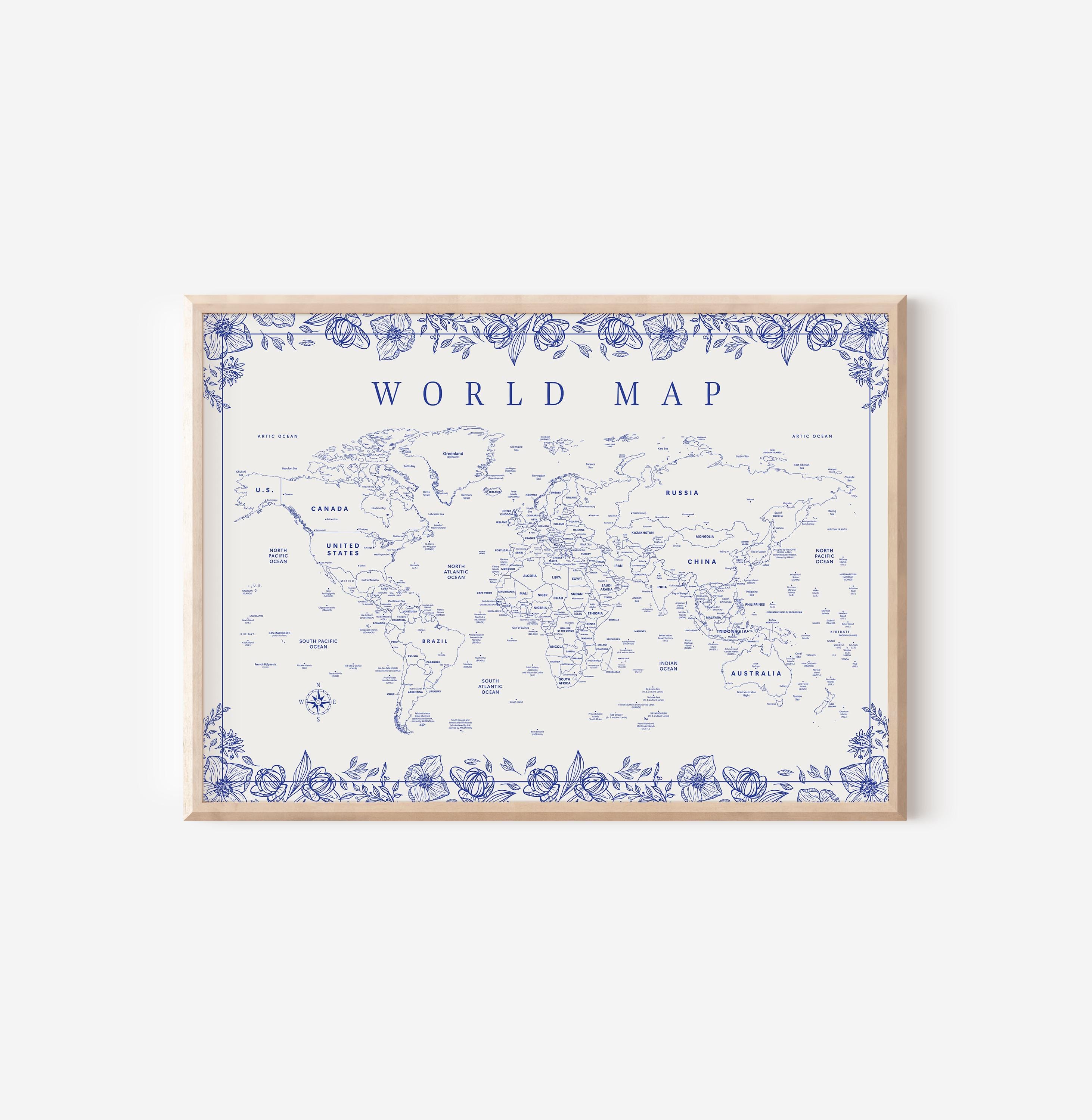 Mappa del mondo dei paesi francesi su tela -- Decorazione Toile, Grande mappa del mondo, Arte murale da viaggio, Grande poster mappa del mondo, Arte m