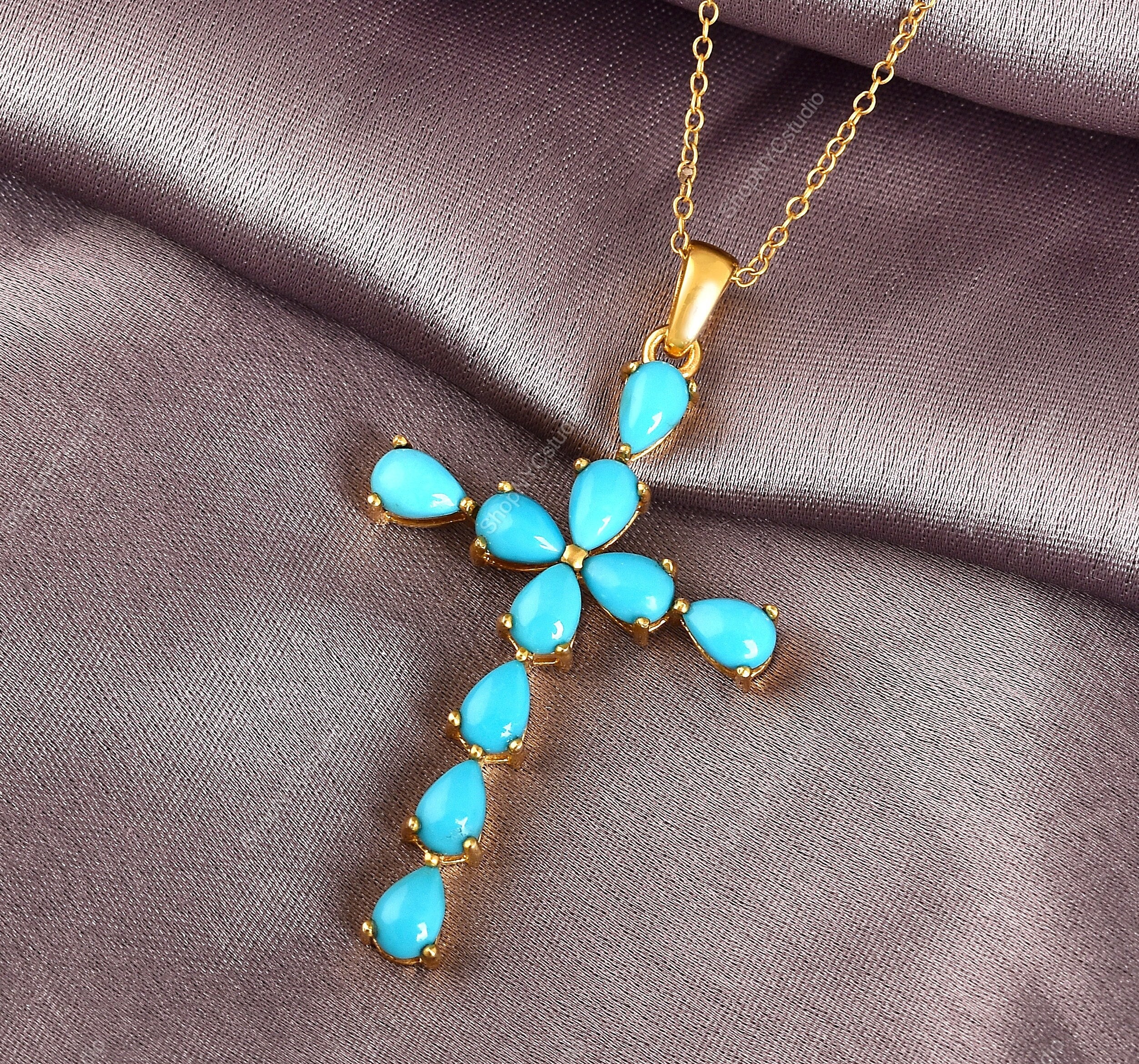 Ciondolo a croce turchese della Bella Addormentata, collana cristiana in argento, ciondolo a croce in argento, collana religiosa, collana a croce con