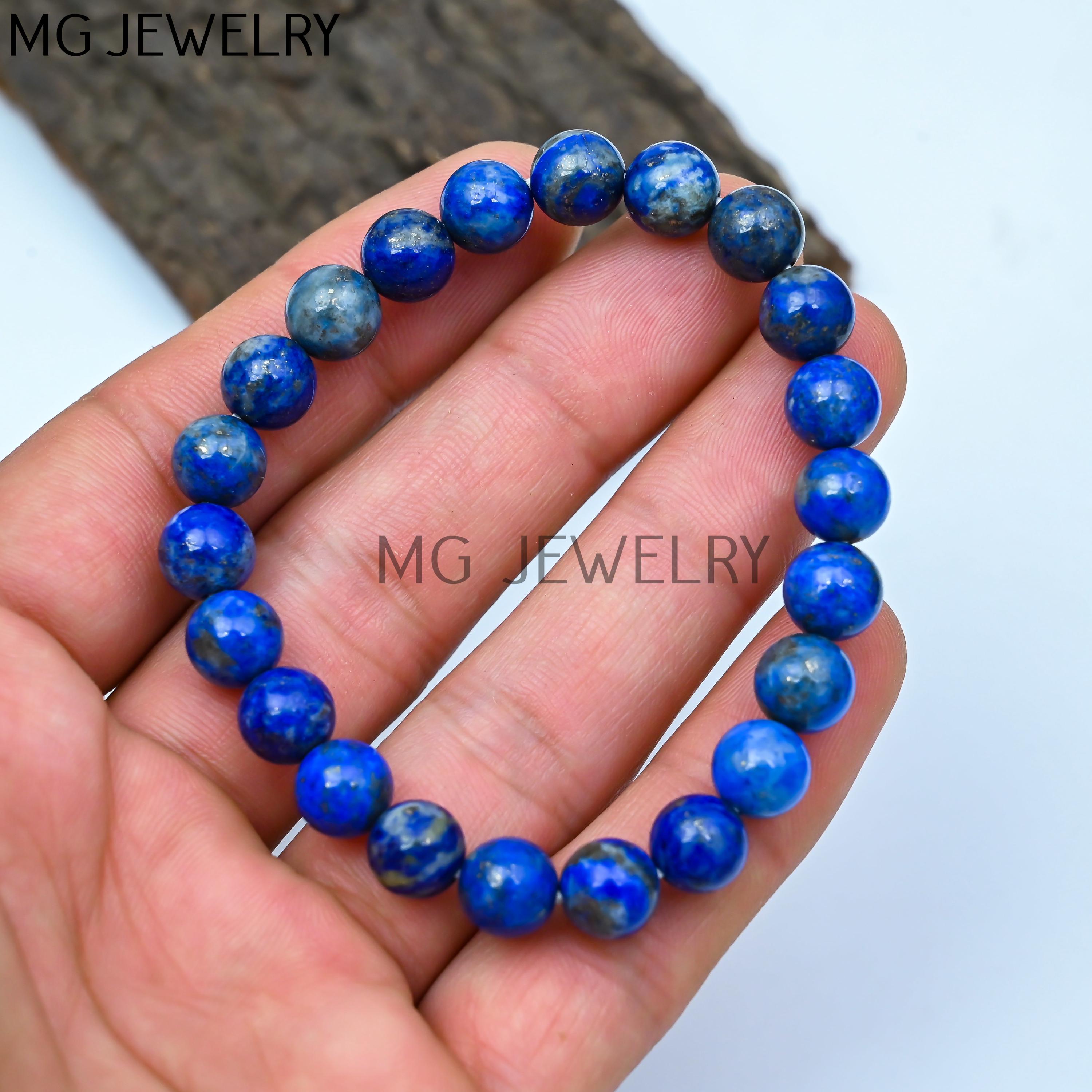 Bracciale con perline di lapislazzuli, bracciali con perline di lapislazzuli, bracciale elastico con perline rotonde da 8 mm, bracciali curativi, MGLO