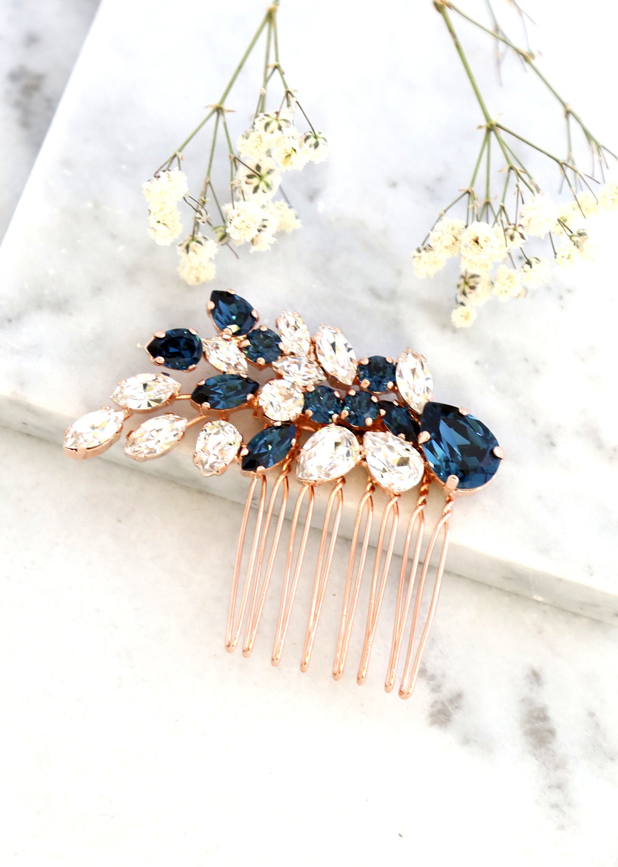 Pettine per capelli da sposa, pettine per capelli con cristalli blu navy, pettine per capelli blu navy, accessori per capelli da sposa, pettine per ca