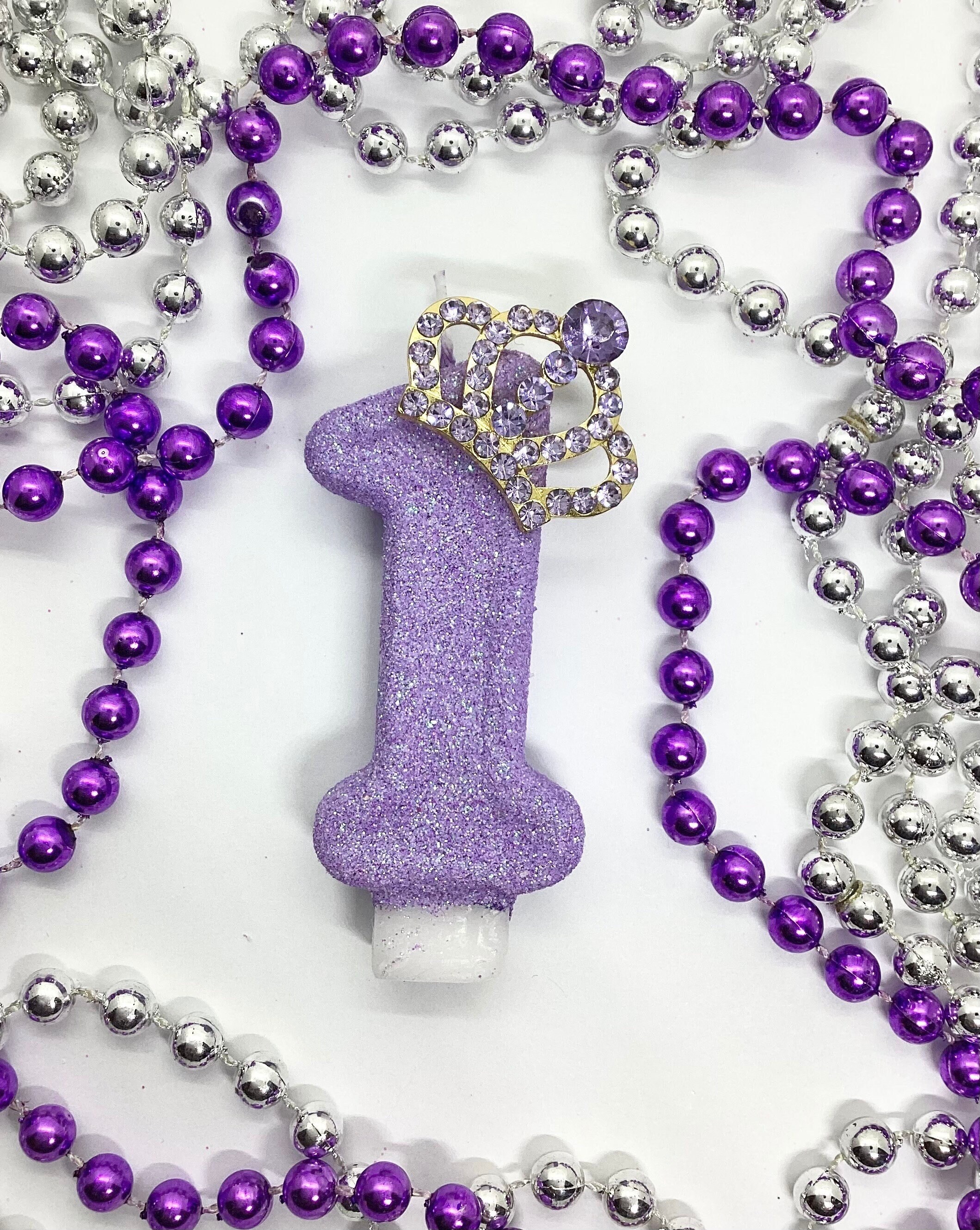 Candela di compleanno a forma di corona da principessa, candela glitterata alla lavanda, decorazione per feste a forma di tiara, decorazione per torta