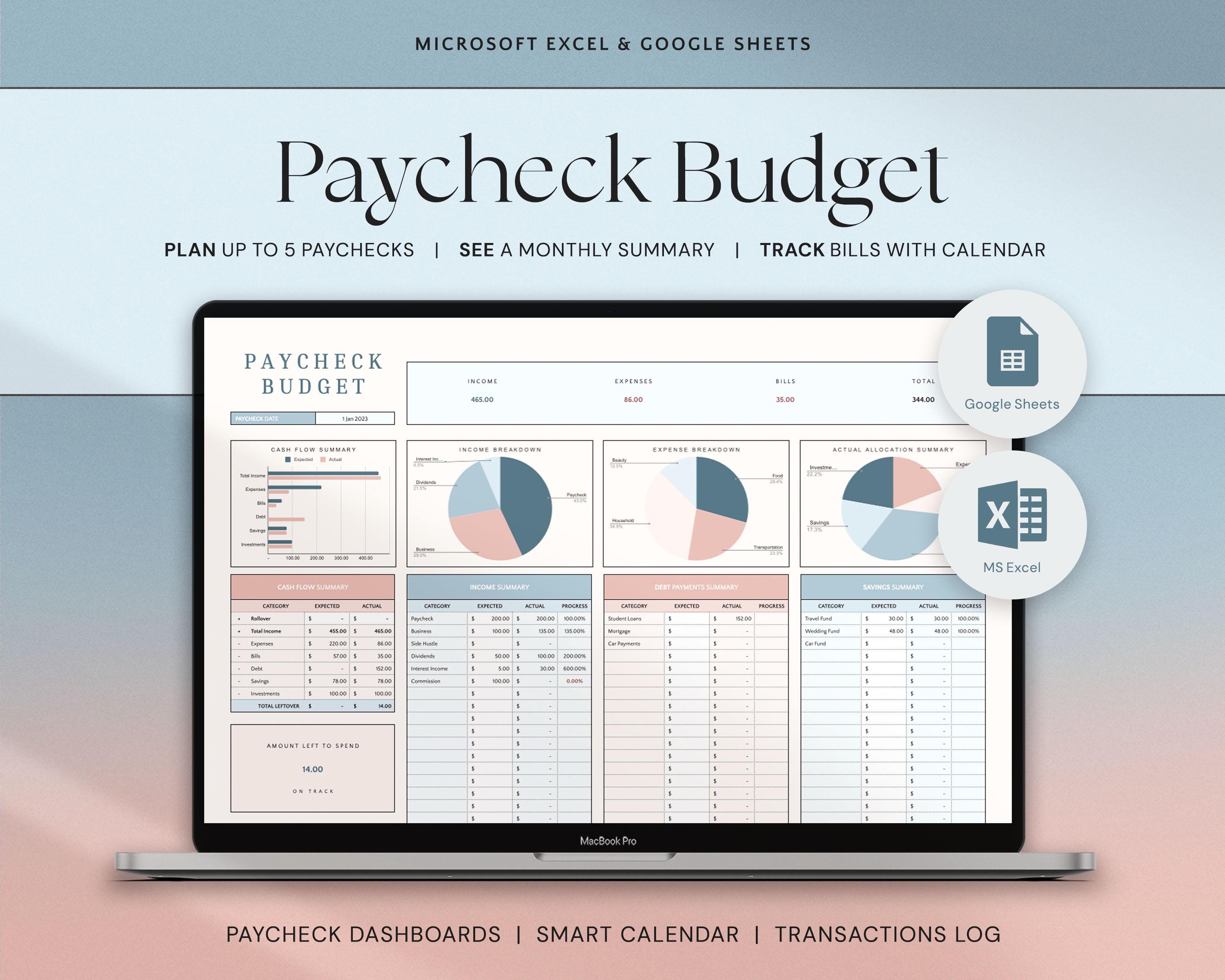 Foglio di calcolo del budget per la busta paga, modello di budget di Google Sheets, strumento di monitoraggio del budget in Excel, pianificatore di bu