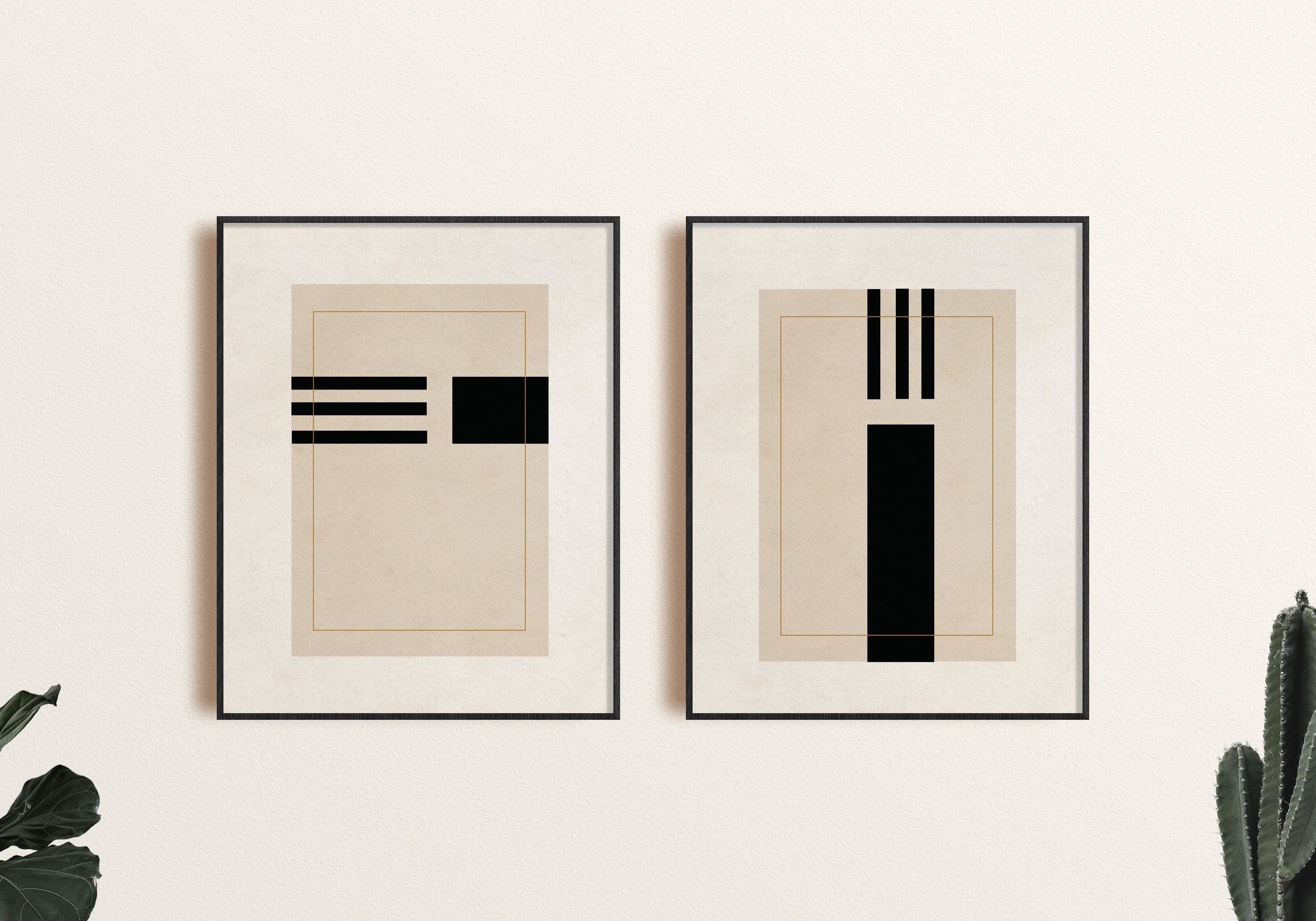 Modern Abstract Wall Art Print et di 2, Black and Beige Geometric Shapes Art, Printable Modern Wall Art, Minimal Abstract Art Print Digital