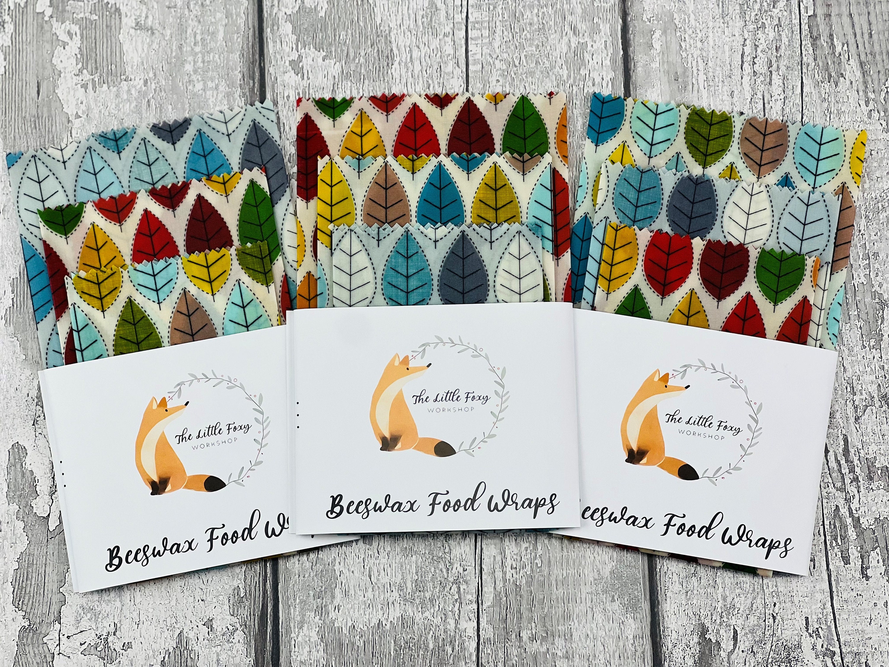 Set di 3 pellicole per alimenti in cera d'api naturale riutilizzabili, dimensioni (30 x 30 cm ciascuna) con motivi a foglie