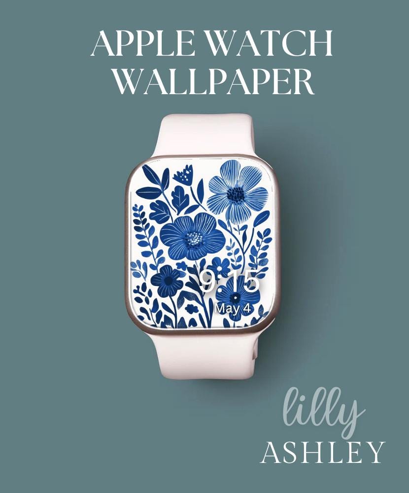 Quadrante Apple Watch floreale blu e bianco, sfondo orologio Coquette, sfondo Apple Watch da donna, download quadrante Apple Watch Chinoiserie