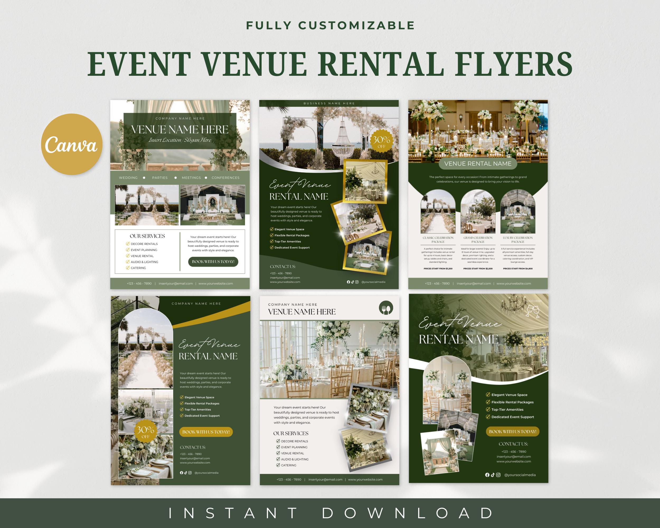 Modello di volantino per affitto di locali per eventi, volantini per affitto, affitto di locali, rivista Venue Guide, libro aziendale per affitto di l
