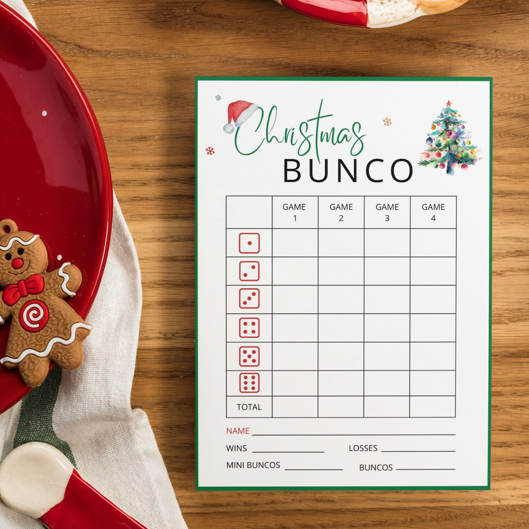 Biglietto di auguri natalizio Bunco stampabile, set di Bunco natalizio, gioco di Bunco natalizio, fogli punteggio Bunco, festa Bunco, temi Bunco