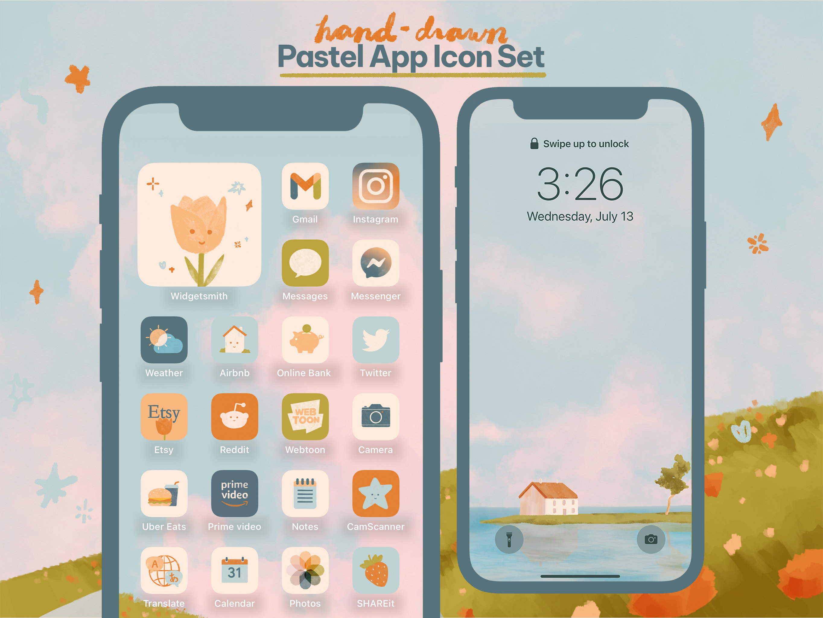 Simpatiche icone app disegnate a mano pastello / 84 icone / Pacchetto icone app Android + iOS / Kawaii Summer Cottagecore Aesthetic