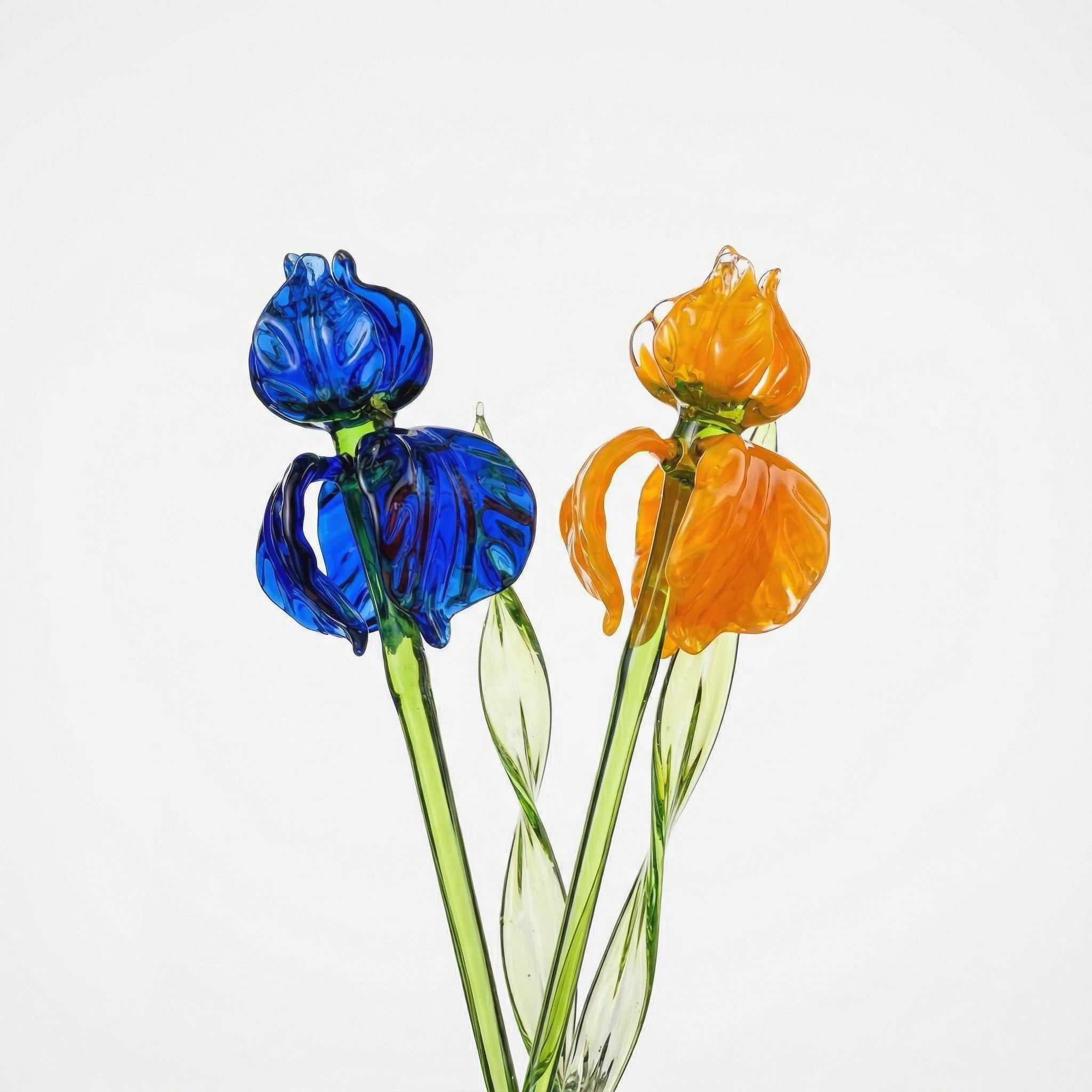 Fiore di iris in vetro lavorato a lume - Bouquet di fiori in vetro soffiato - Fiori in vetro a stelo lungo - Fiore in vetro per il mese di nascita - R
