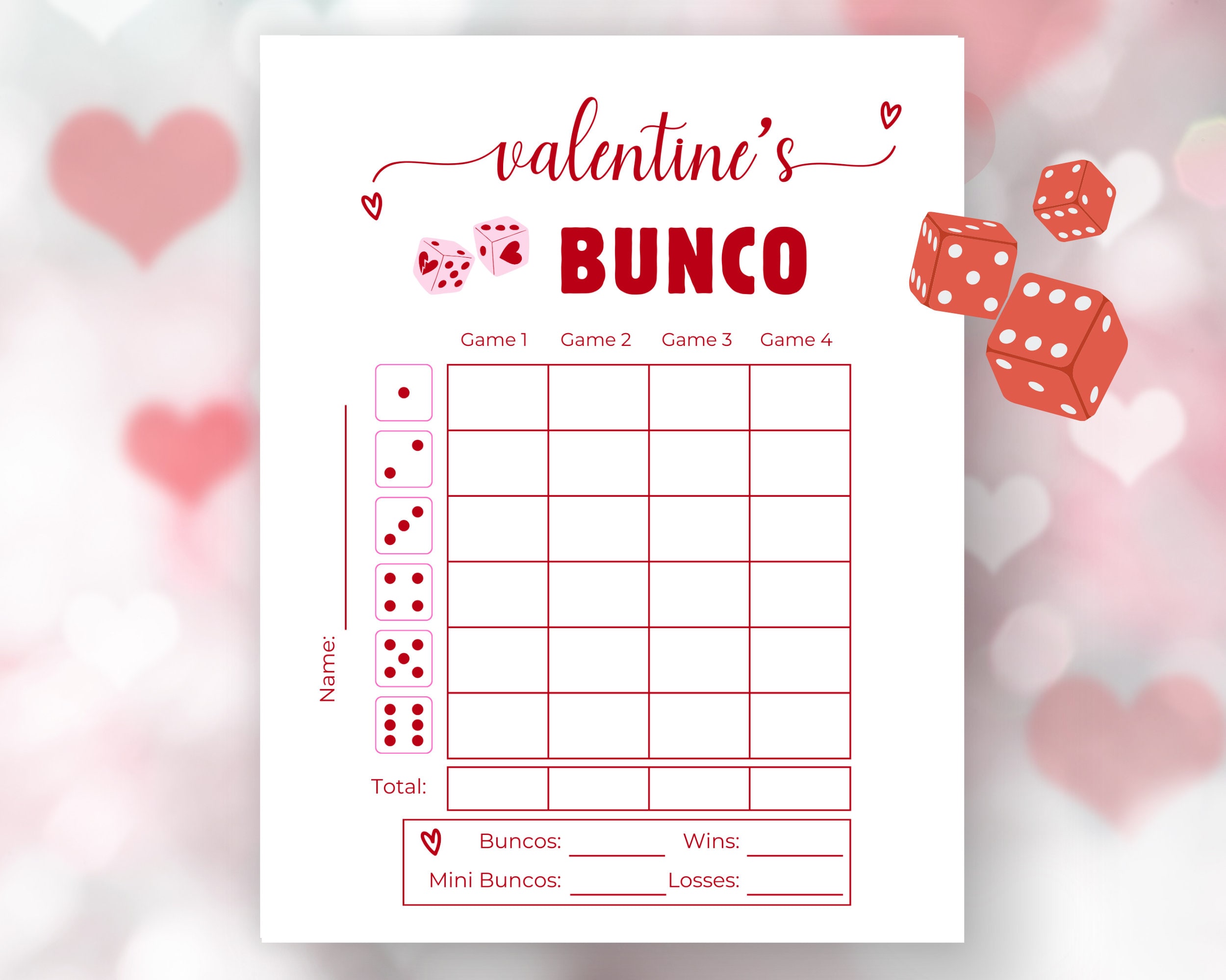 Fogli segnapunti Bunco di San Valentino, gioco di dadi di San Valentino, fogli Bunco di Galentines, gioco Bunco di San Valentino, biglietti Bunco di S