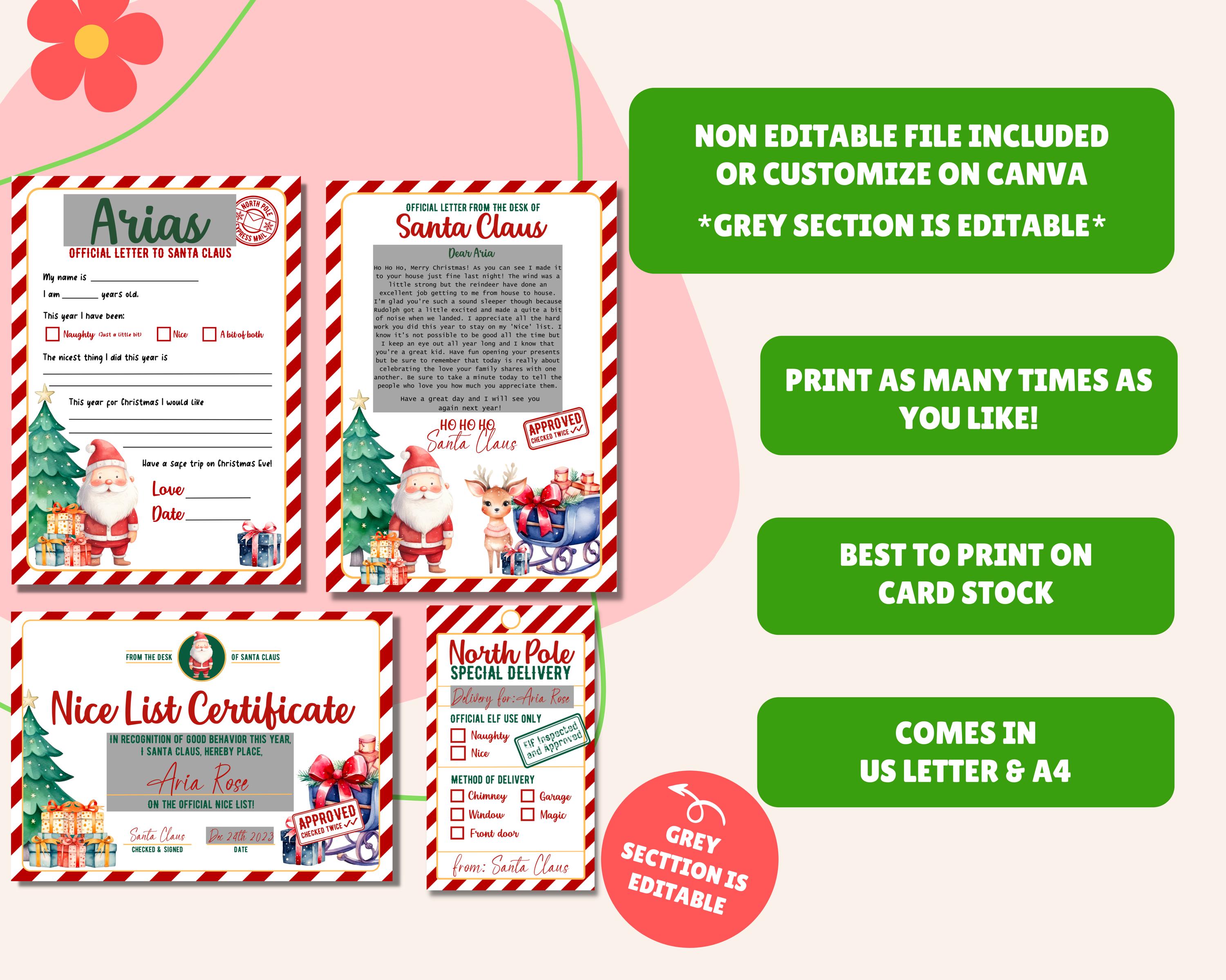 Modello di lettera di Babbo Natale MODIFICABILE, set di lettere di Babbo Natale, posta di Babbo Natale, certificato di buona volontà, lettere di Babbo