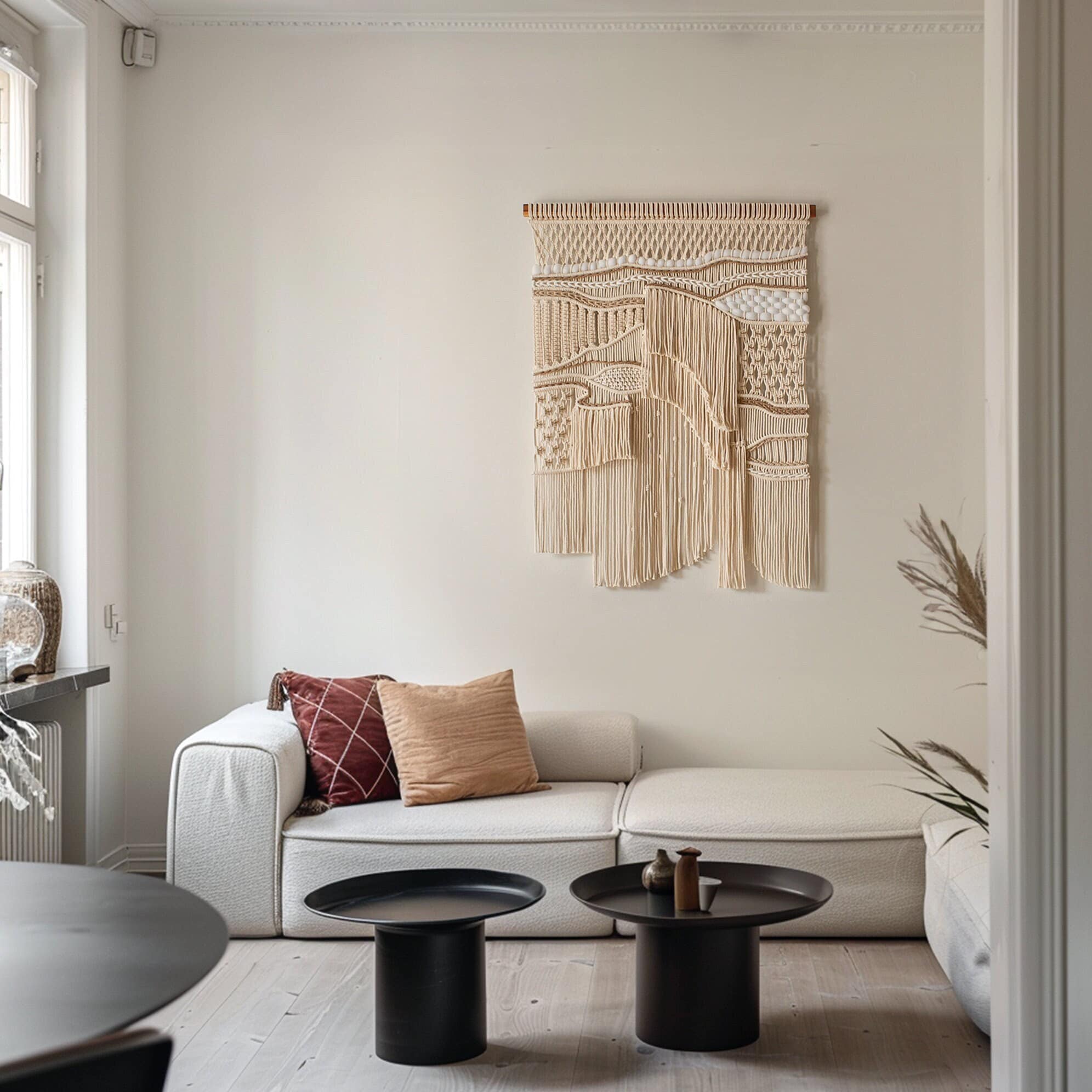 Arazzo da parete in macramè per scale, decorazione da parete in macramè astratta per scale, arte murale in macramè beige, arazzo in macramè minimalist
