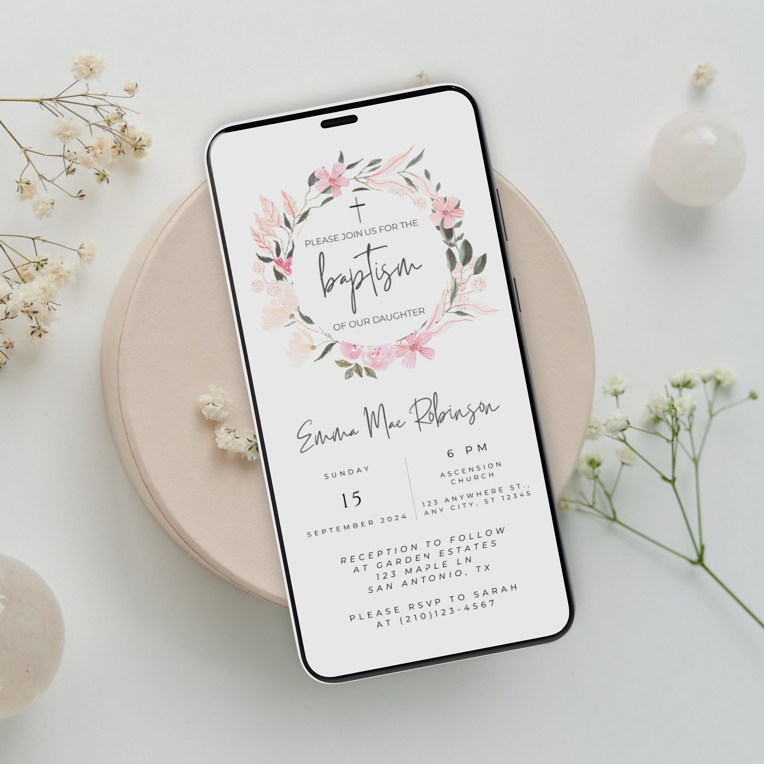 Evite Battesimo, Invito ragazza battesimo, Invito battesimo floreale acquerello Modello Canva battesimo elettronico, invito battesimo digitale