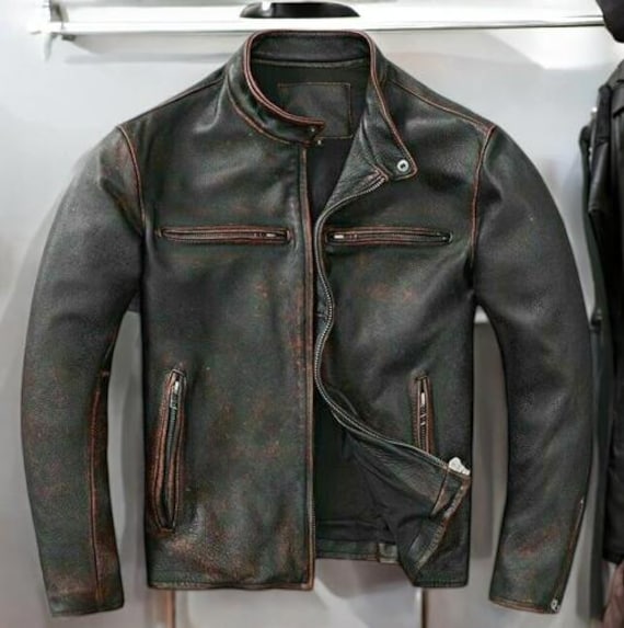 Giacca da motociclista da uomo in vera pelle nera, stile vintage, fatta a mano / Giacca da motociclista da uomo in vera pelle, vestibilità slim