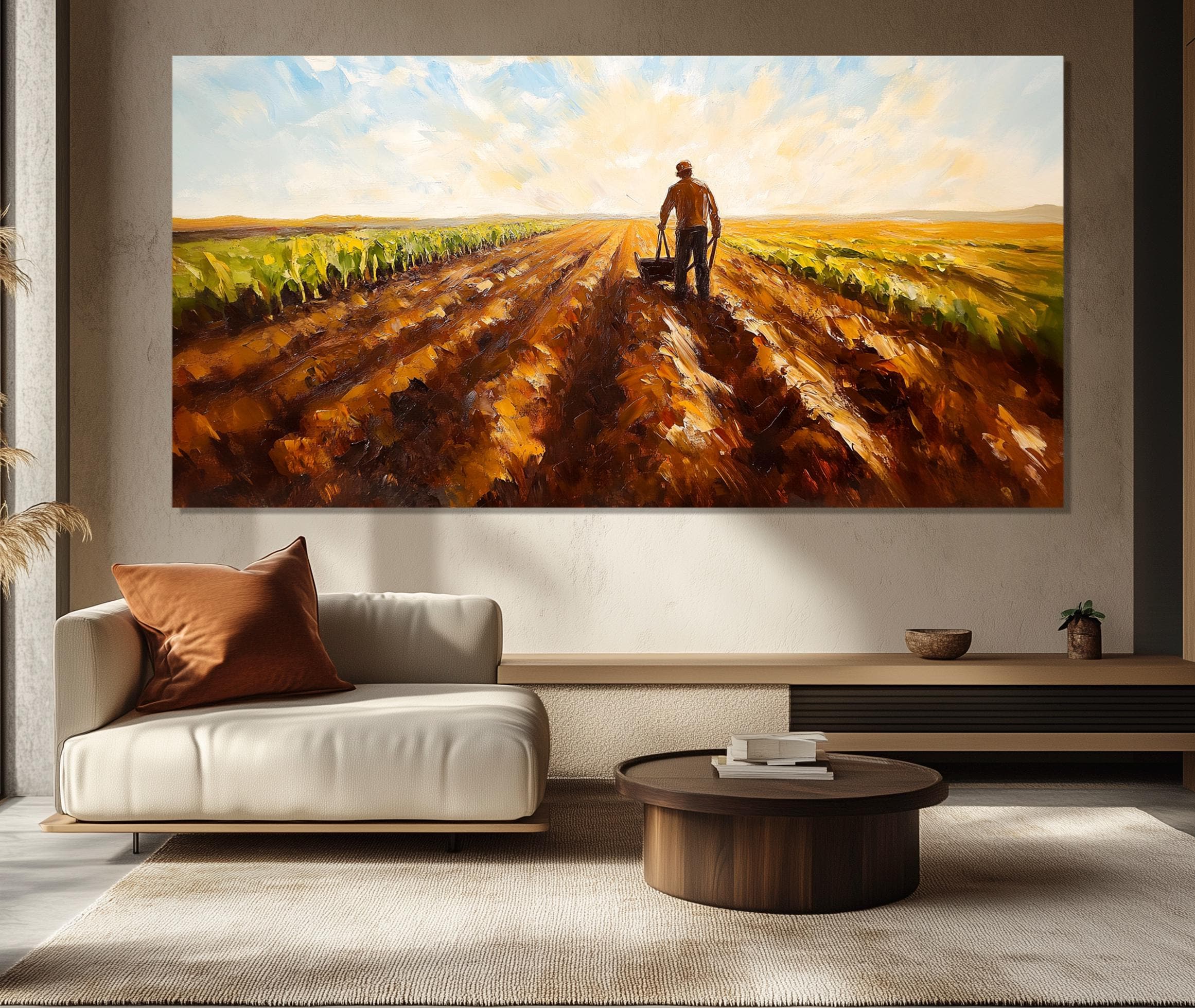 Quadro da parete a tema agricolo, dipinto di un contadino che coltiva la terra stampato su tela, decorazione murale in stile rustico, stampa su tela d