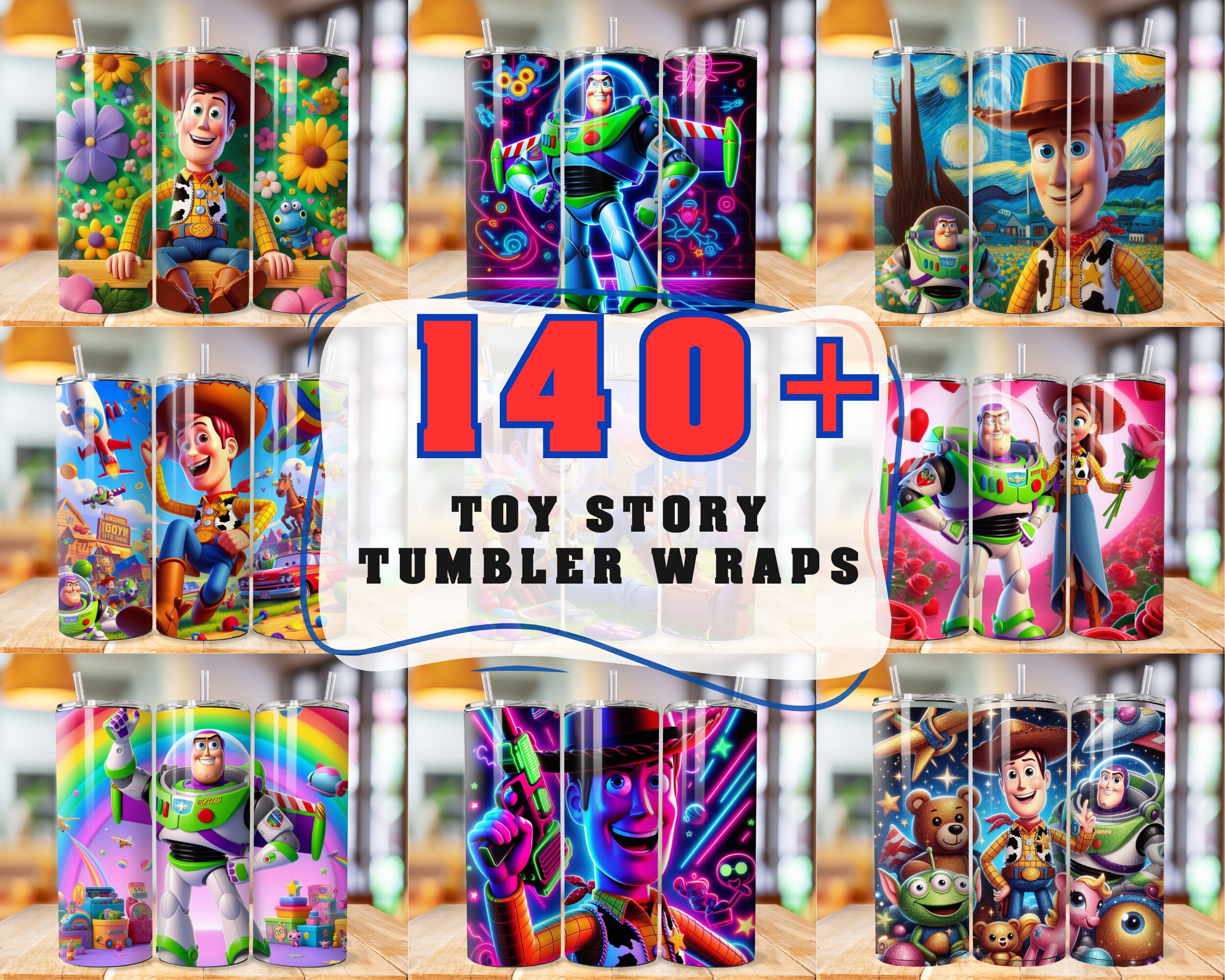 Pacchetto di involucri per bicchieri Toy Story, oltre 140 download istantaneo di design per involucri PNG per bicchieri da 20 once, modello di disegni