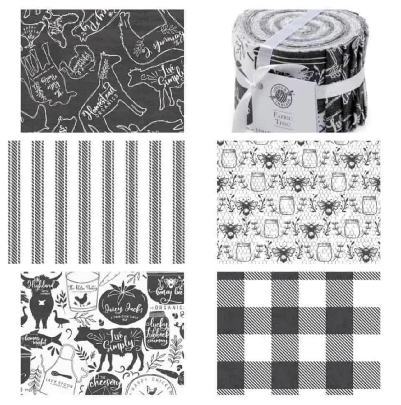 "Homestead Jelly Roll - Loops and Threads / Tessuto da fattoria bianco e nero / 20 strisce pretagliate da 2,5\" Perfect Jelly Roll Rug Strips"