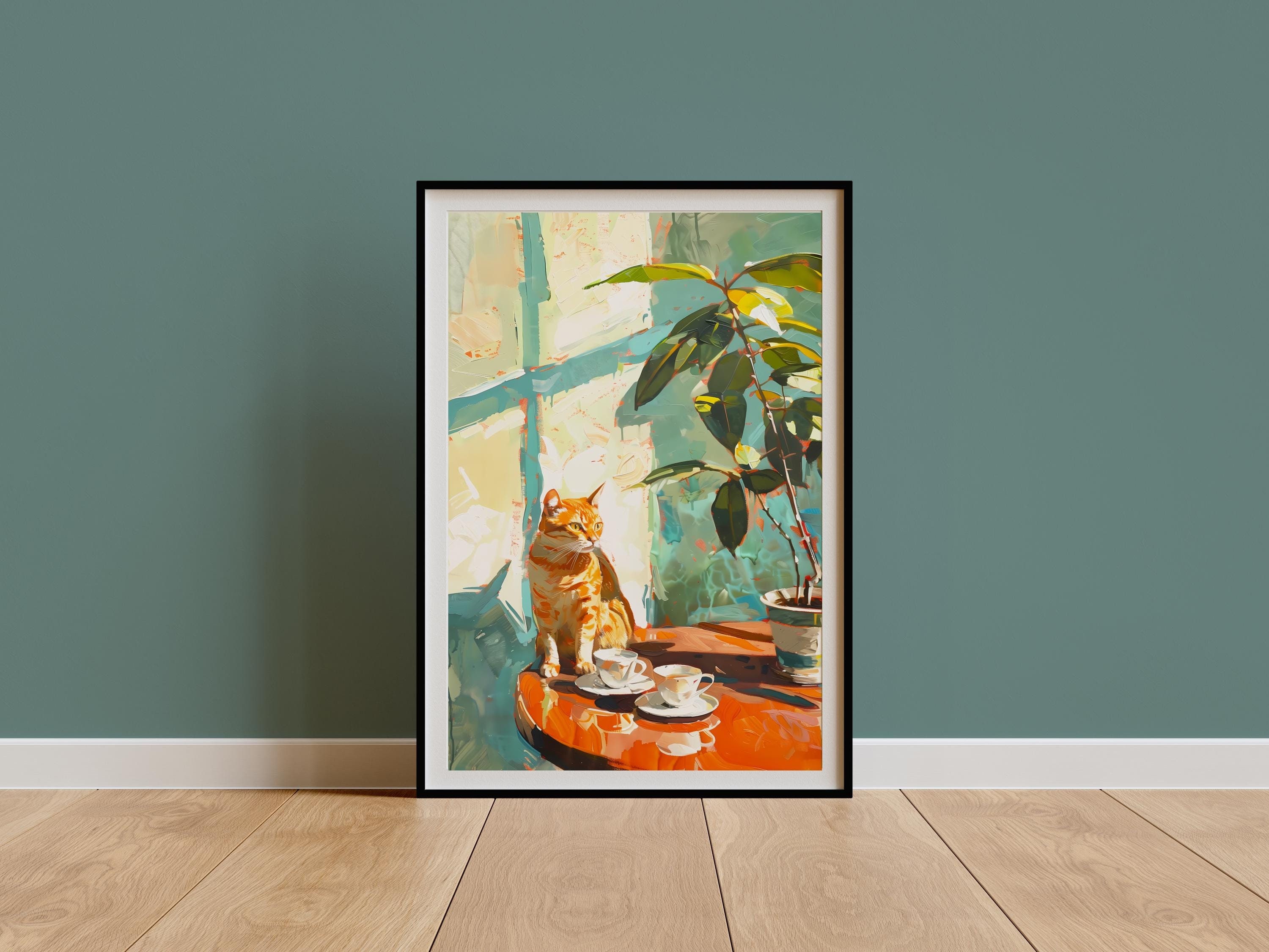 Stampa artistica da parete con gatto rosso e caffè, decorazioni da cucina vintage con tazze da tè, opere d'arte per sala da pranzo, natura morta, post