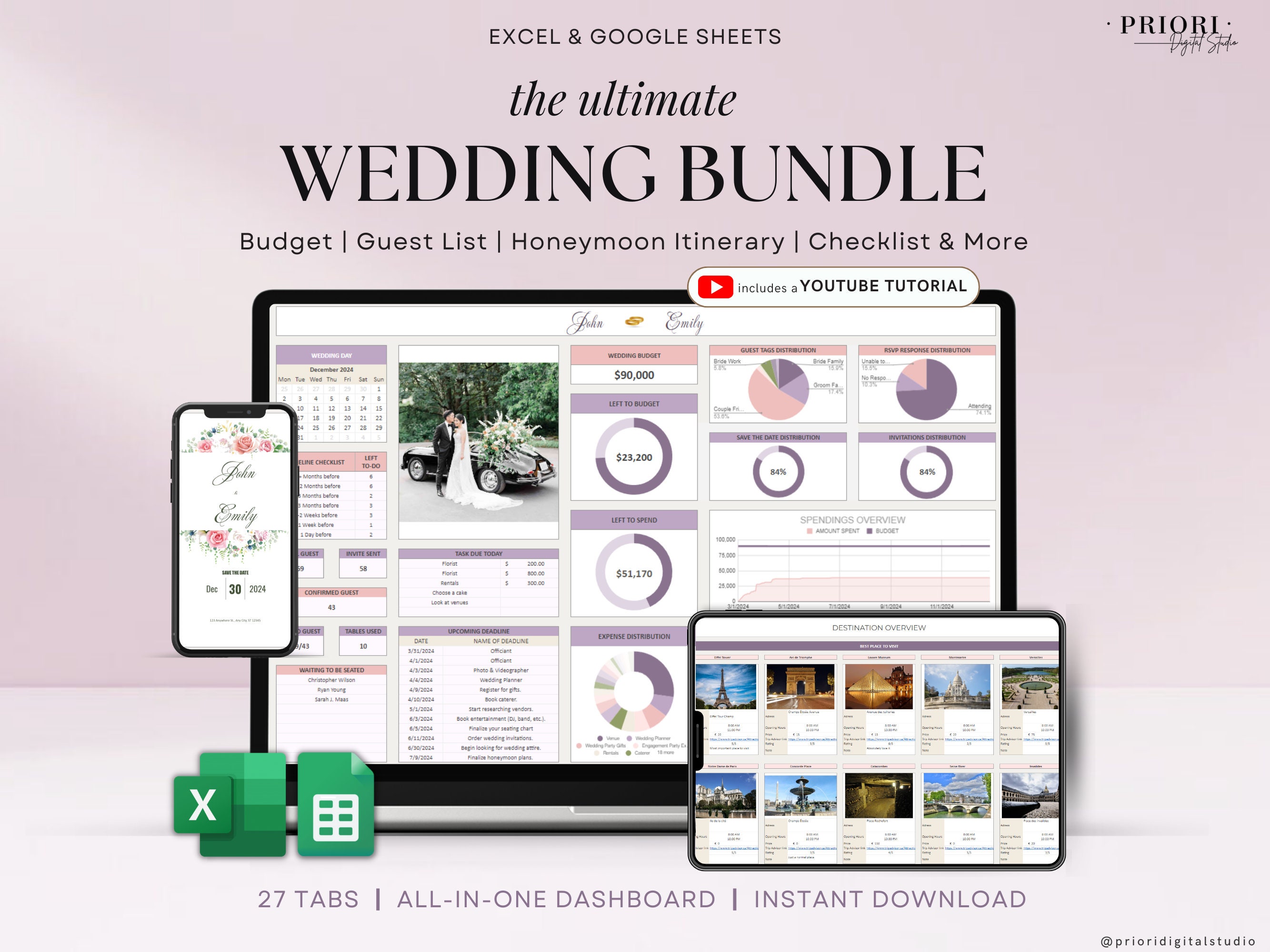 Foglio di calcolo per wedding planner, Tracker del budget per il matrimonio, Checklist per la luna di miele, Tracker della lista degli invitati, Itine