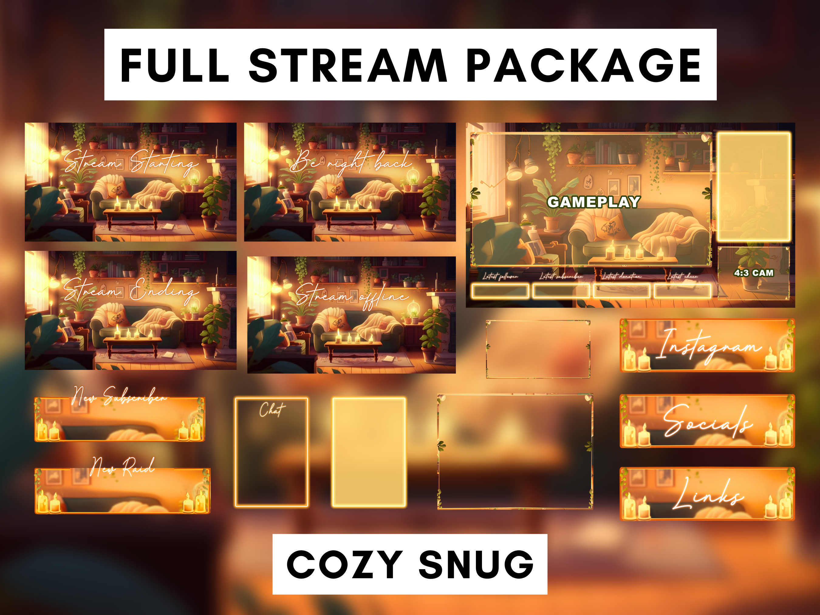 Pacchetto streaming animato per Twitch, sovrapposizione streaming, sfondo animato, pannelli Twitch, avvisi animati, tema accogliente e confortevole, V