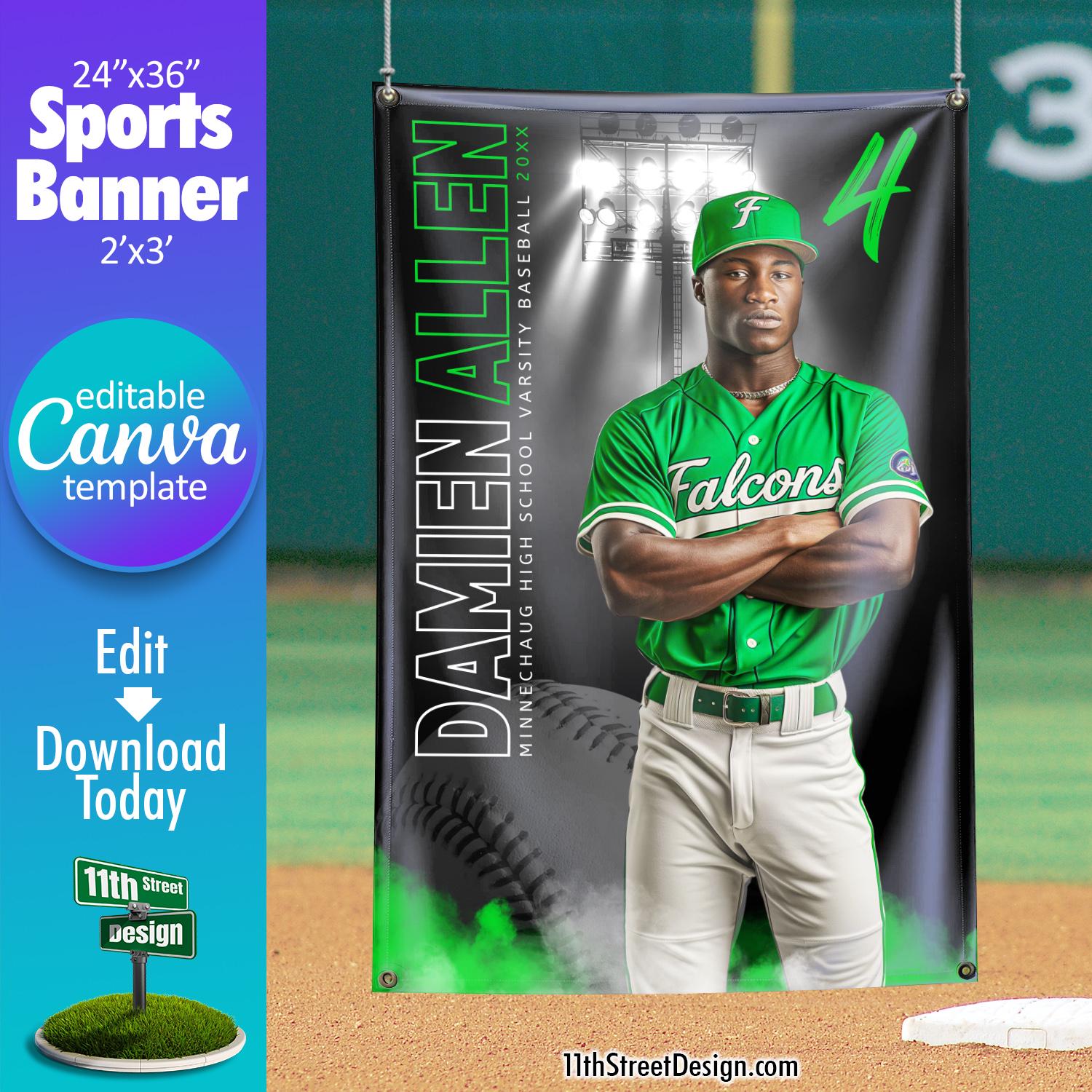 Modello di striscione da baseball Canva, progetta i tuoi striscioni sportivi per squadre di baseball senior personalizzati in Canva, sfondo da basebal