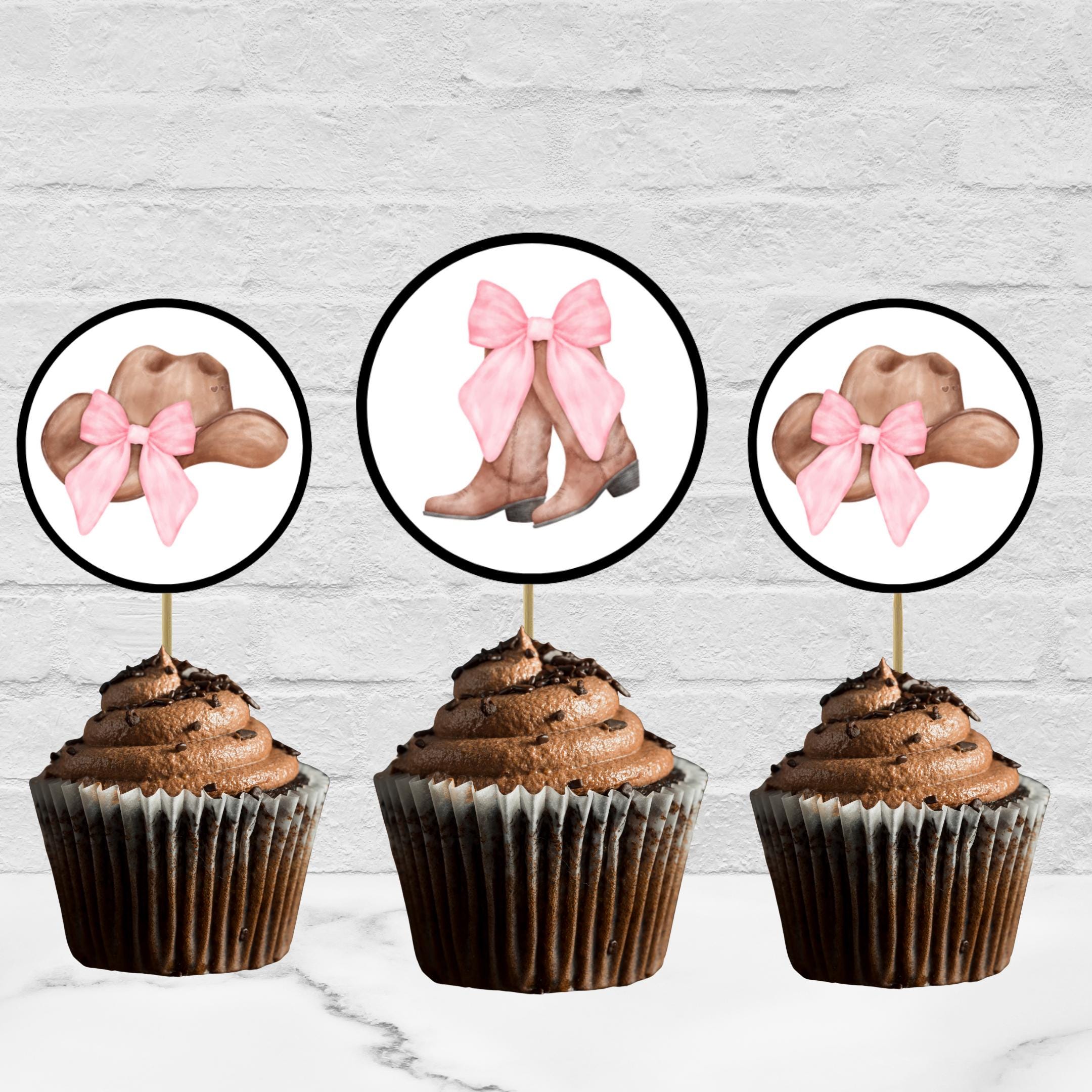 Decorazioni digitali per cupcake a tema stivali e cappello da cowgirl, cowgirl con fiocco rosa, compleanno a tema, baby shower, addio al nubilato, pri