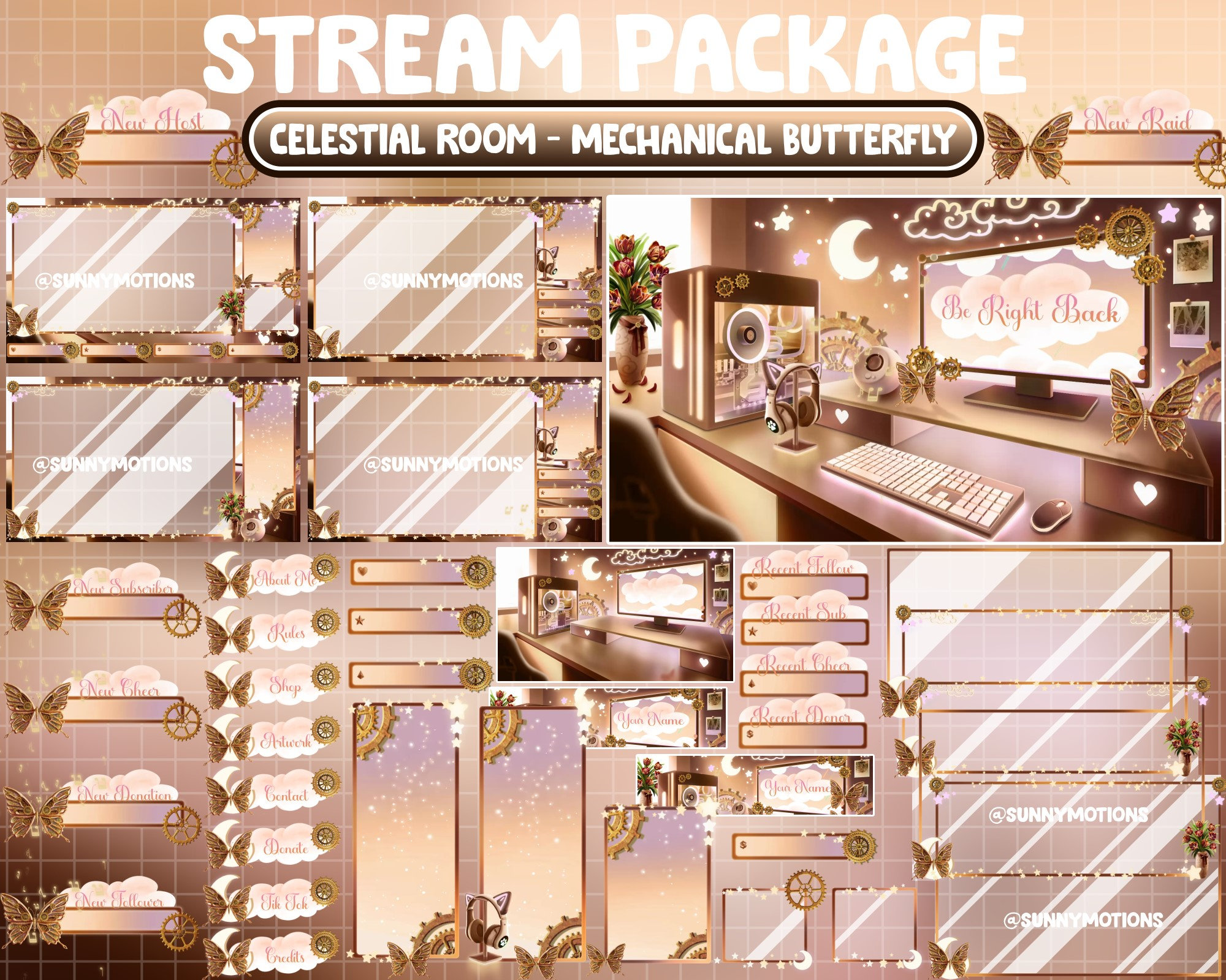 Pacchetto streaming ANIMATO Twitch Overlay / Sala giochi Steampunk estetica lo-fi / Casa calda e accogliente retrò / Farfalla meccanica dorata / Antic