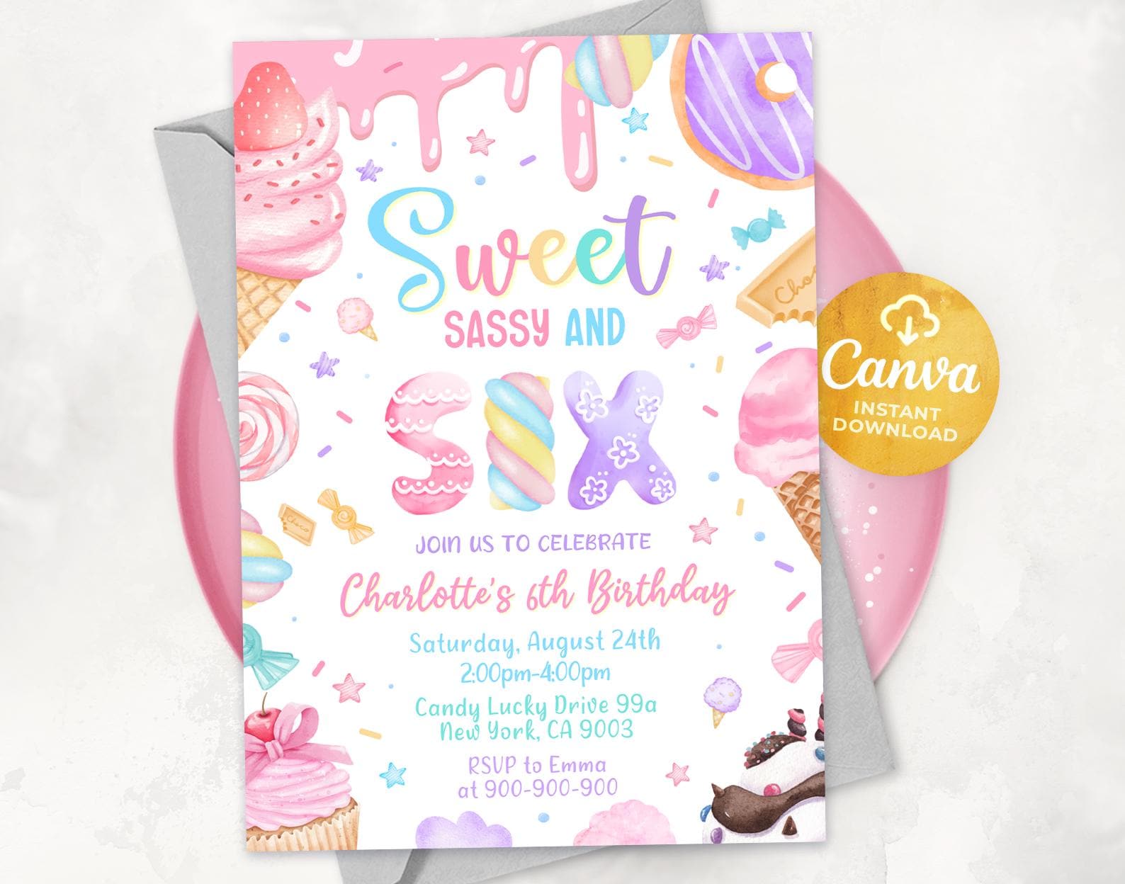 Invito per il sesto compleanno di Sweet Sassy, invito per il sesto compleanno di una bambina, invito per il sesto compleanno di Sweet Six, dolciumi pa