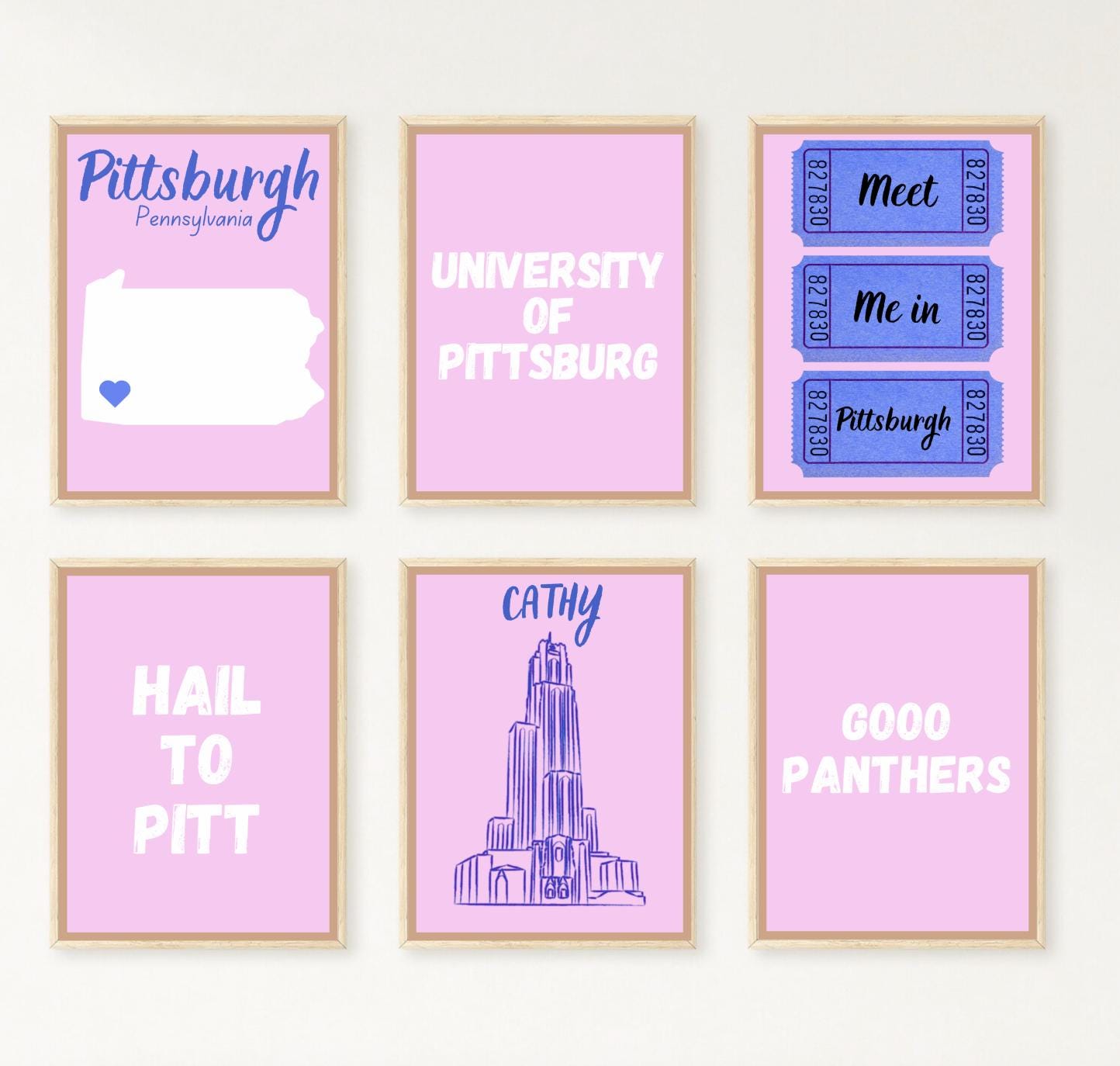Stampe ROSA E BLU dell'Università di Pittsburg, stampe preppy alla moda per dormitori o appartamenti universitari, stampe digitali estetiche per dormi
