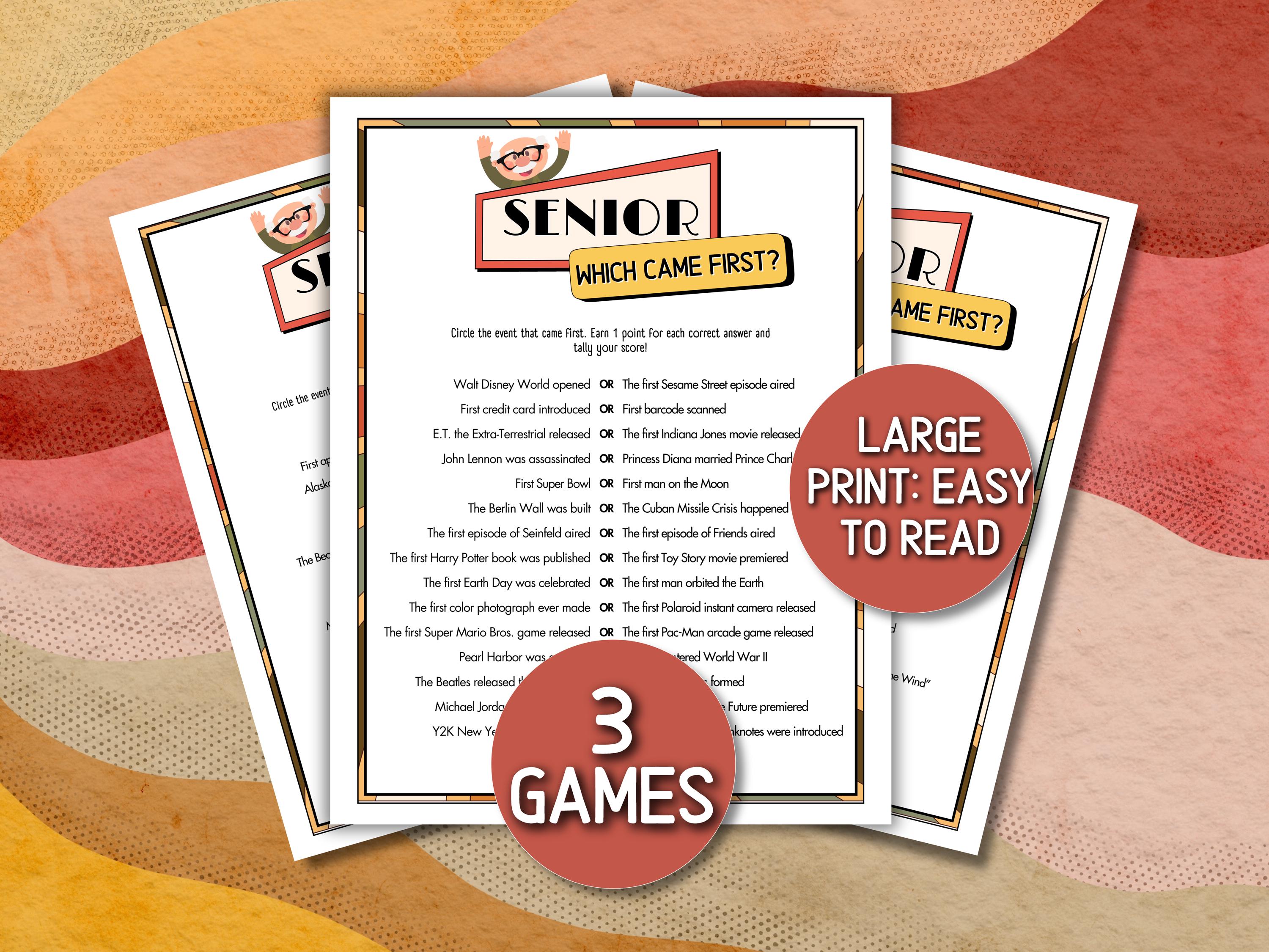 Cosa è venuto prima? Anziani, Giochi per anziani Giochi per anziani Rompighiaccio per anziani Giochi di compleanno per anziani Giochi di festa per anz