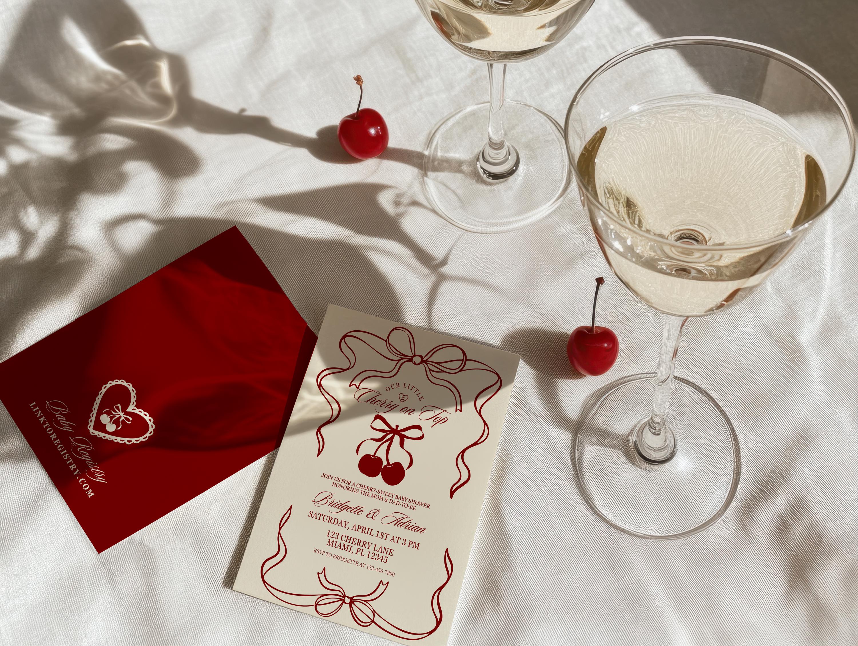 "Invito per baby shower \"Cherry On Top\" con fiocchi per baby shower, Cherry She's the Cherry On Top, fiocco in nastro disegnato a mano, Cherry on Top m"