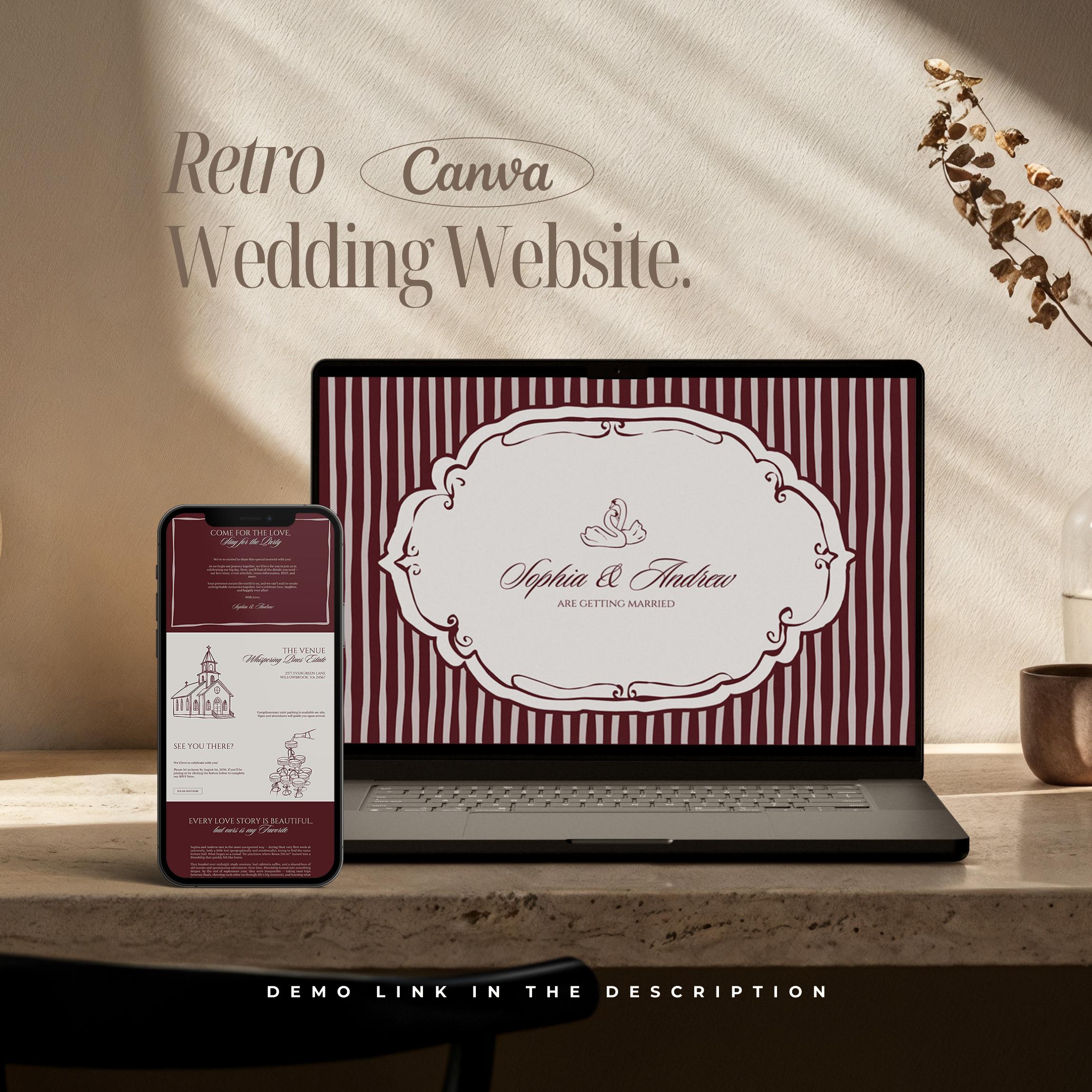 Modello di sito web per matrimonio vintage, modello di sito web per matrimonio floreale su Canva, modello di sito web RSVP, modello di invito digitale