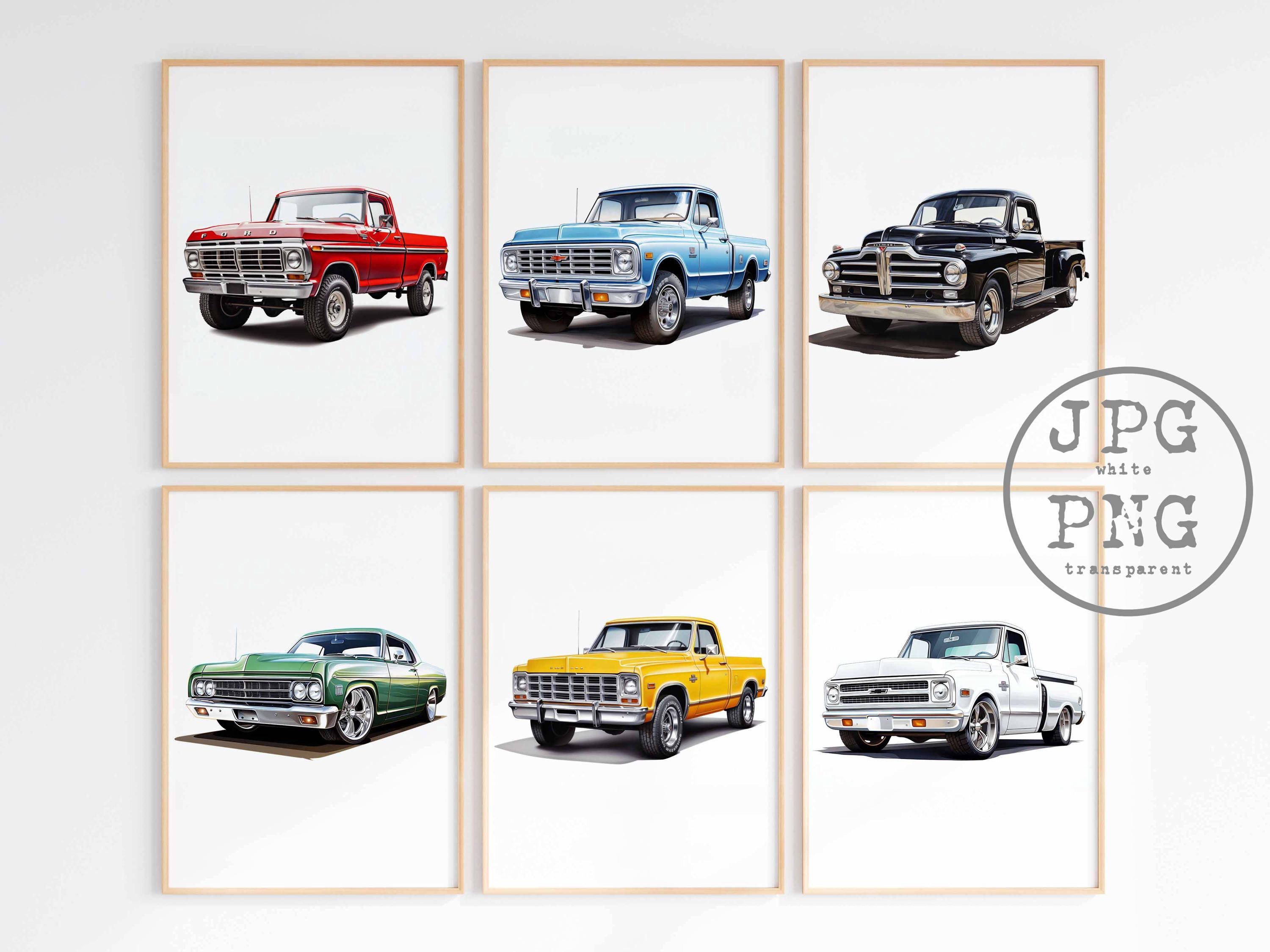 Set di 6 poster di auto d'epoca con stampa di pickup, stampe di veicoli, stampe artistiche ad acquerello, decorazioni da parete per cameretta dei raga
