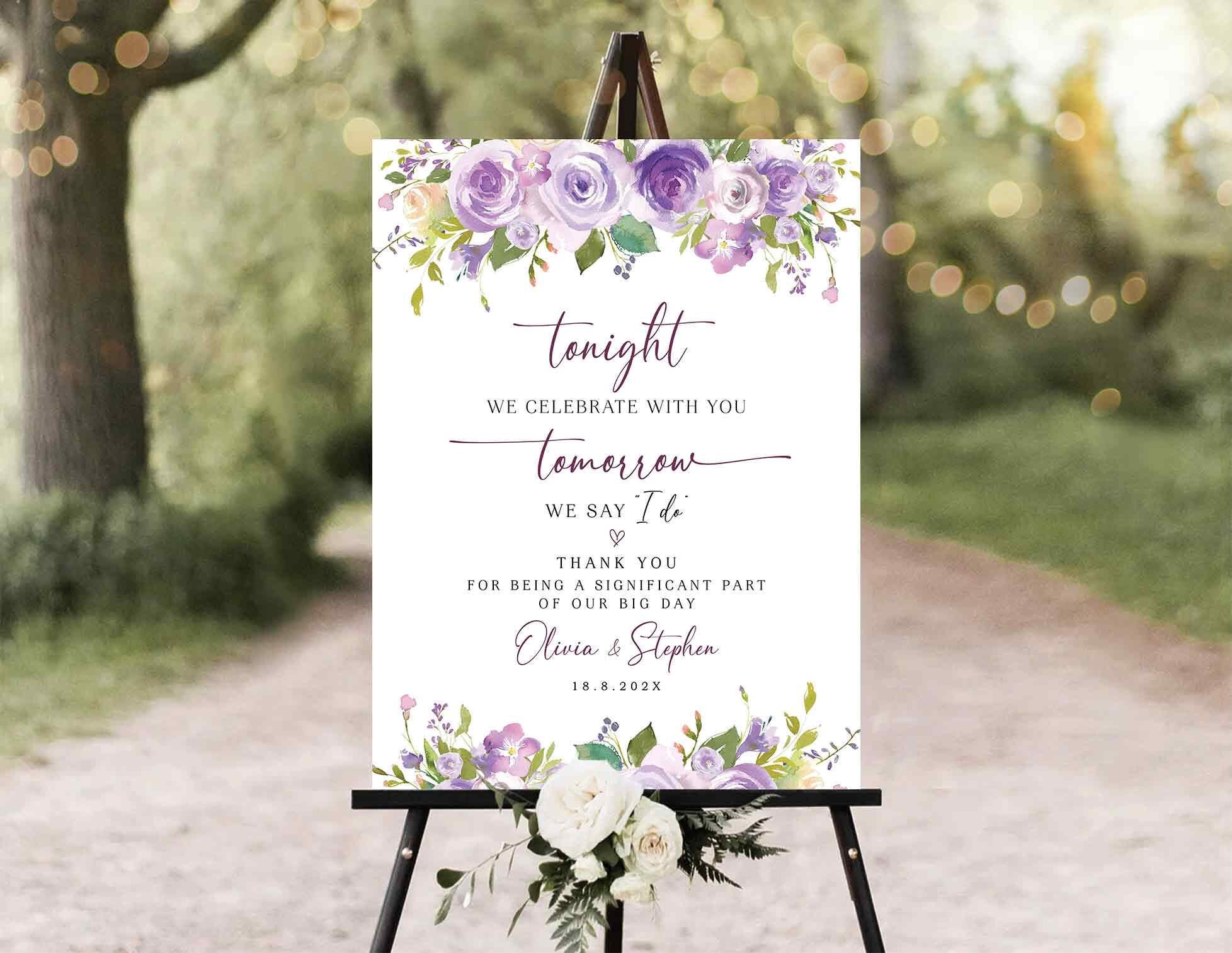 Cartello per la cena di prova, cartello per la prova, decorazioni viola, cartello di benvenuto per la cena di prova la sera prima, cartelli per matrim