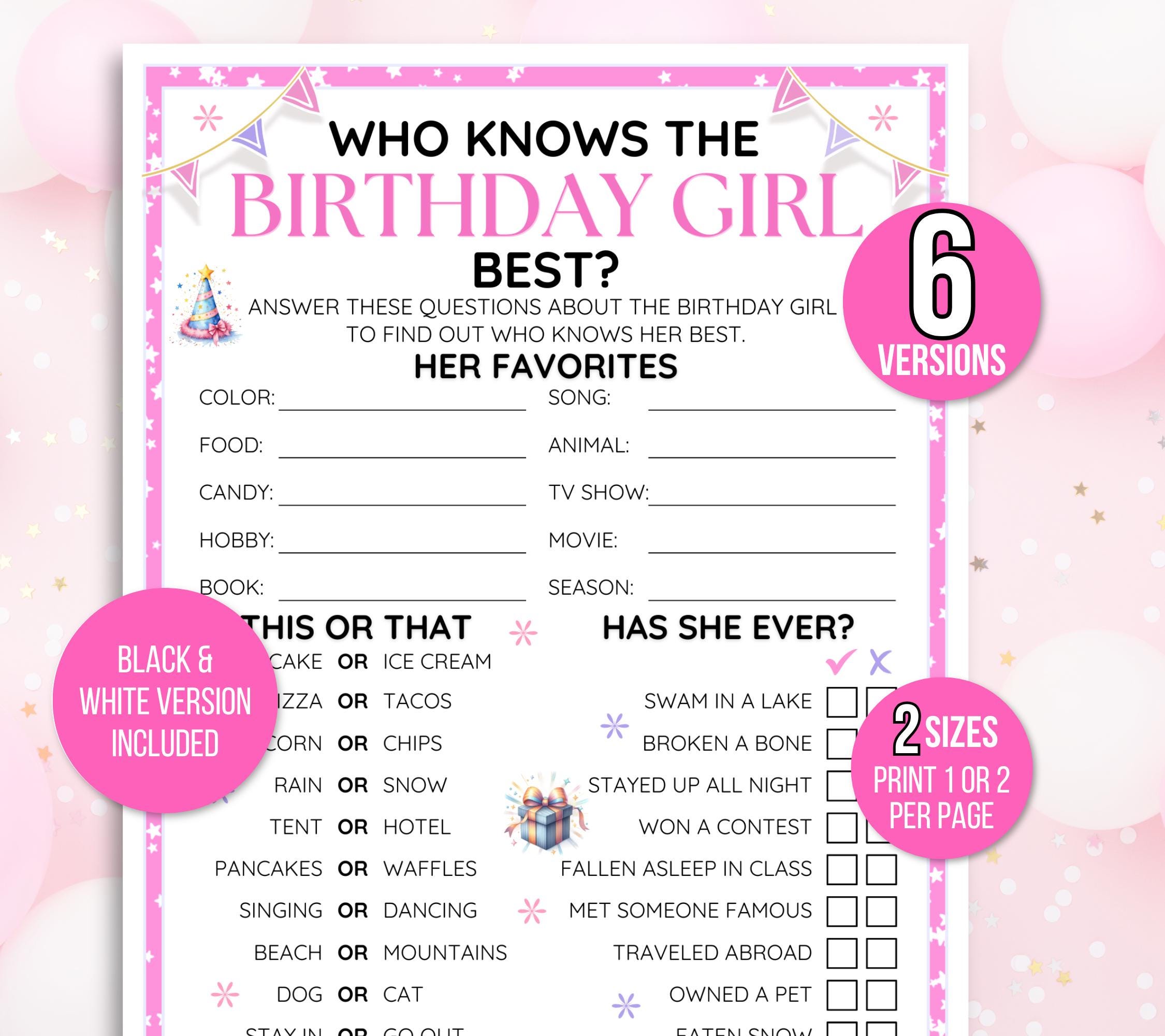 Chi conosce meglio la festeggiata, gioco per feste di compleanno, gioco di compleanno per ragazze, gioco a quiz sul compleanno, gioco per festeggiate,