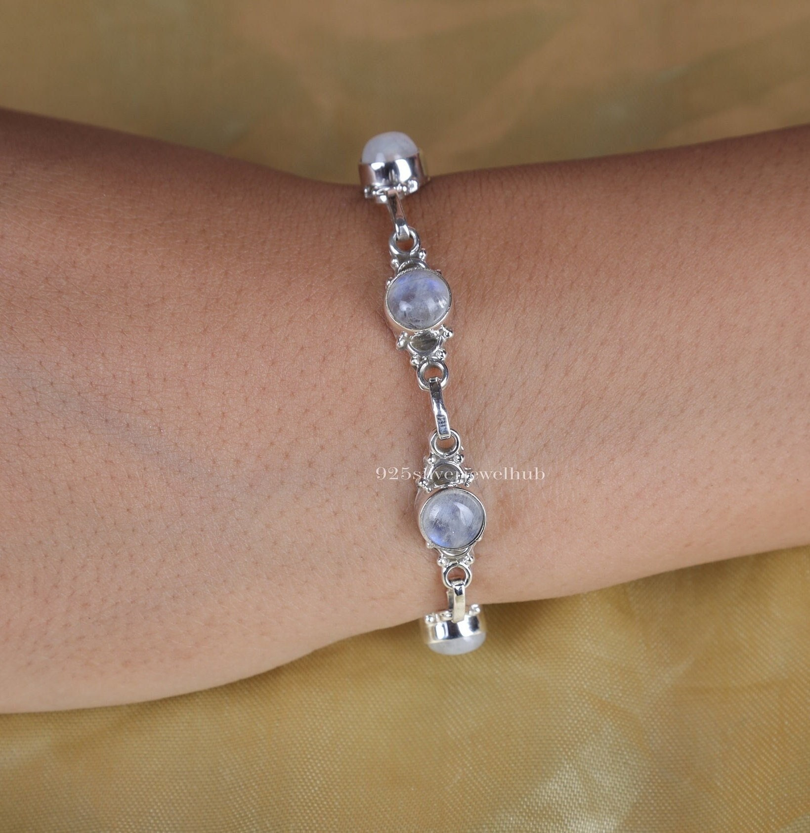 Bracciale in pietra di luna arcobaleno, bracciale in argento sterling 925, bracciale con pietre preziose rotonde, gioielli boho, bracciale in argento