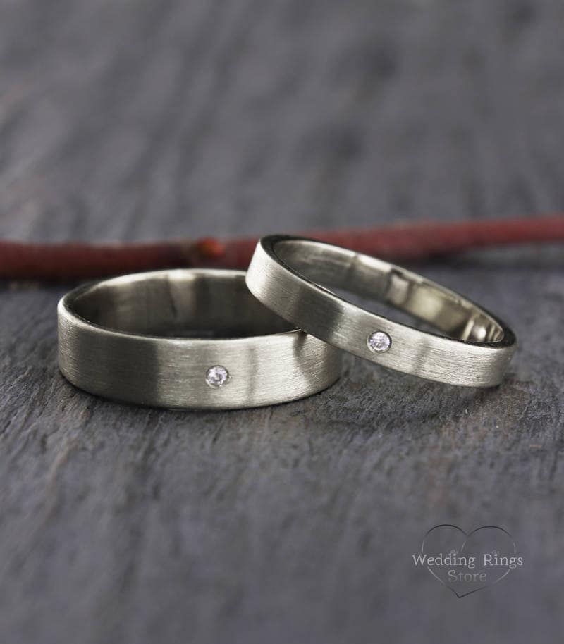 Set di fedi nuziali in argento e diamanti, fedi nuziali semplici, fedi nuziali per lui e per lei, set di anelli classici, fedi nuziali opache, anello