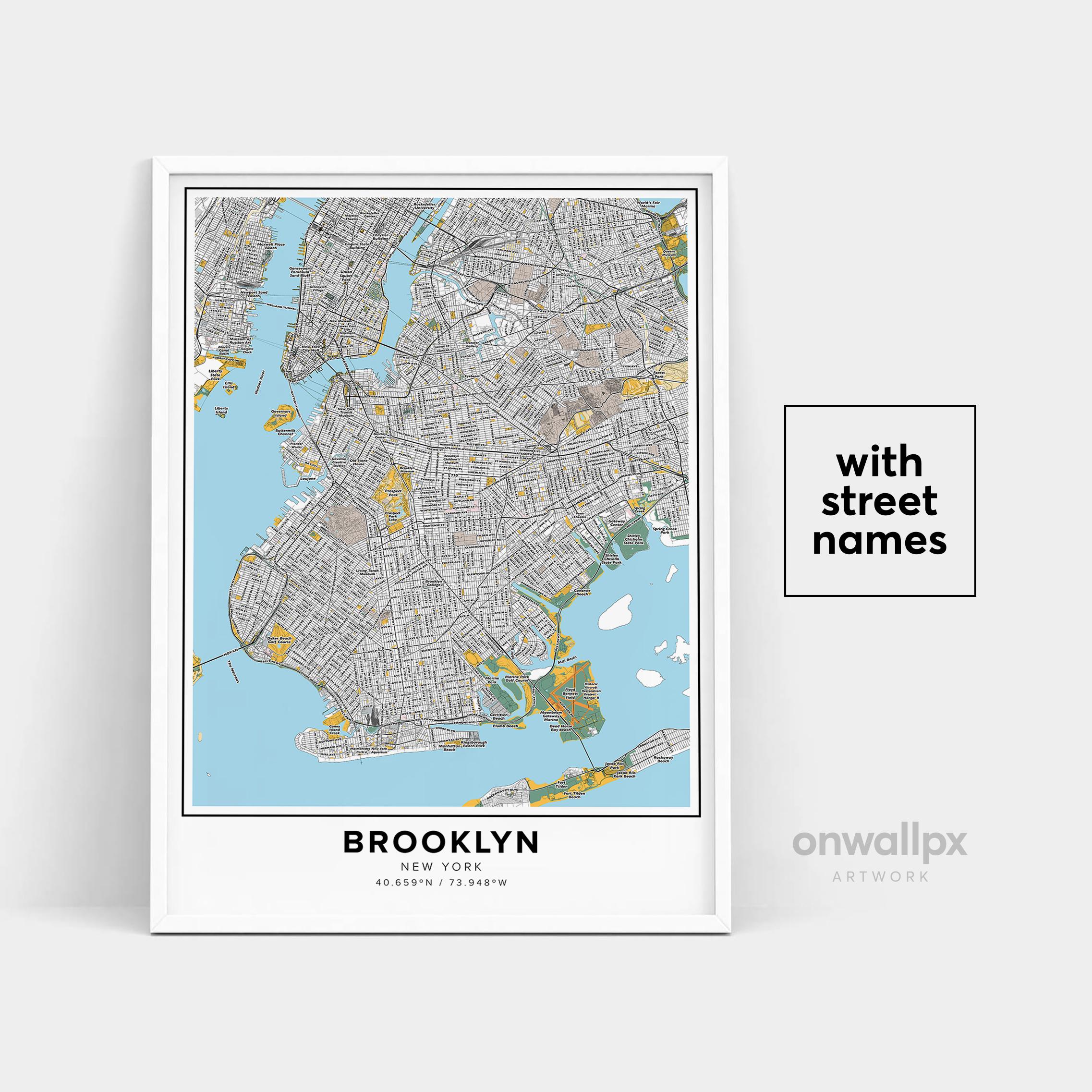 Stampa mappa di Brooklyn, stampa nomi strade Brooklyn, mappa stampabile di Brooklyn, mappa della città, mappa di Brooklyn New York, poster regalo di v