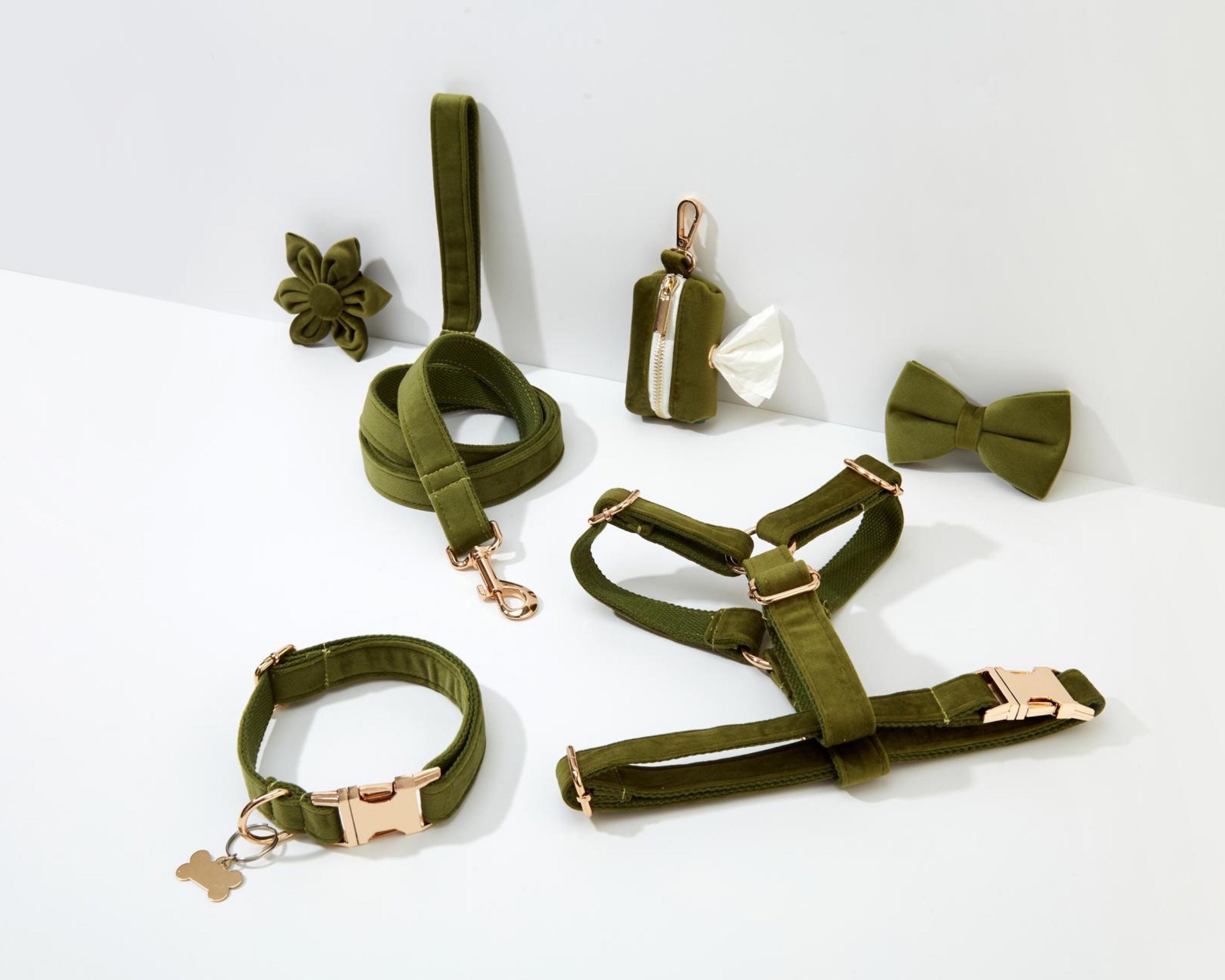 Muschio verde-velluto collare imbracatura per cani fiocco sacchetto escrementi, personalizzato Step in set imbracatura e guinzaglio per cani, imbracat