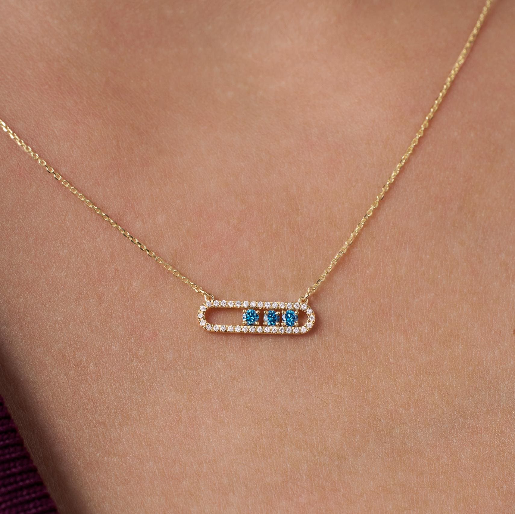 Collana con diamanti mobili, collana con graffetta con diamanti naturali blu rotondi, collana con clip in oro 14 carati, collana con diamanti scorrevo