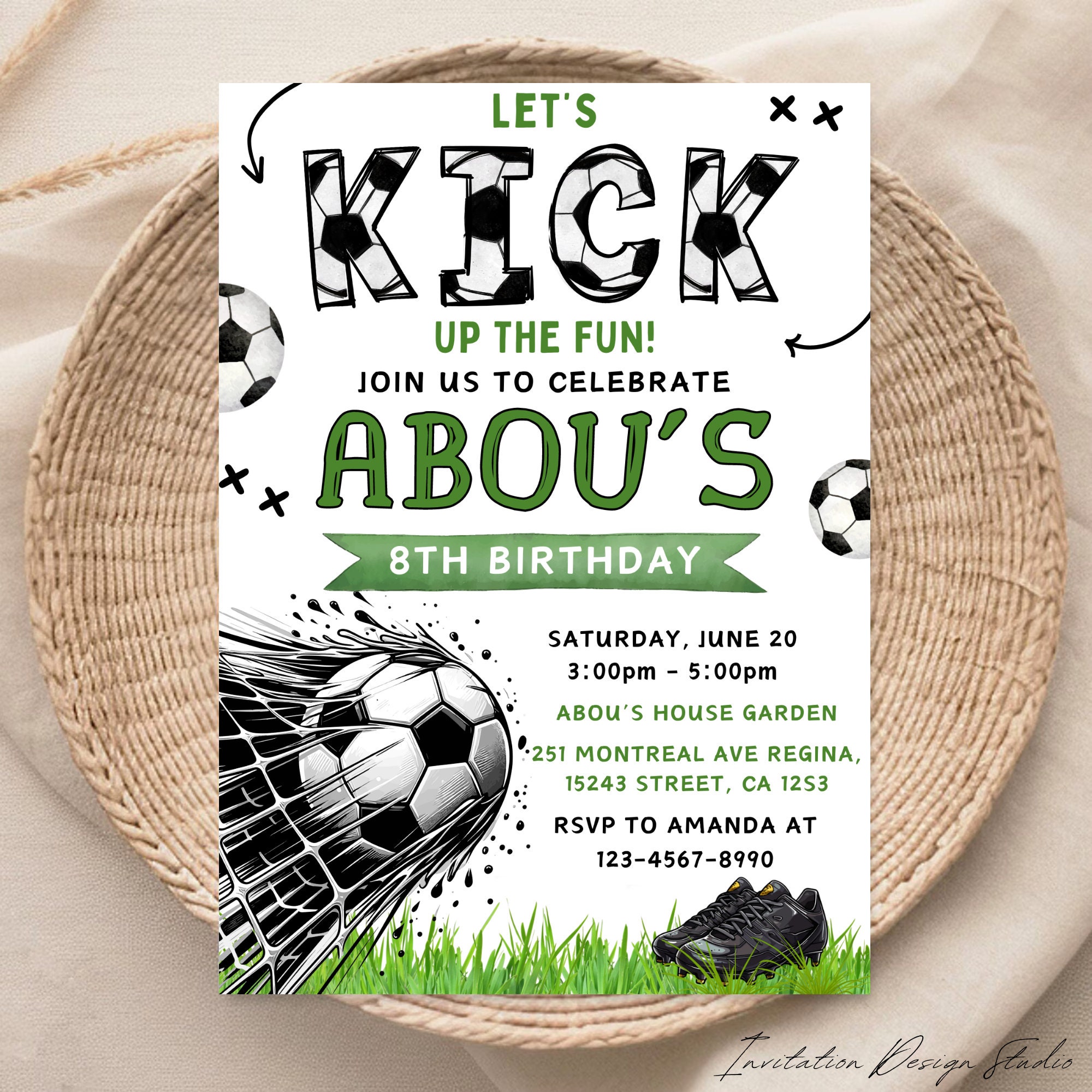 Invito per festa a tema calcio, invito per compleanno di un ragazzo, invito a tema calcio, invito a tema calcio su Canva, invito a tema calcio