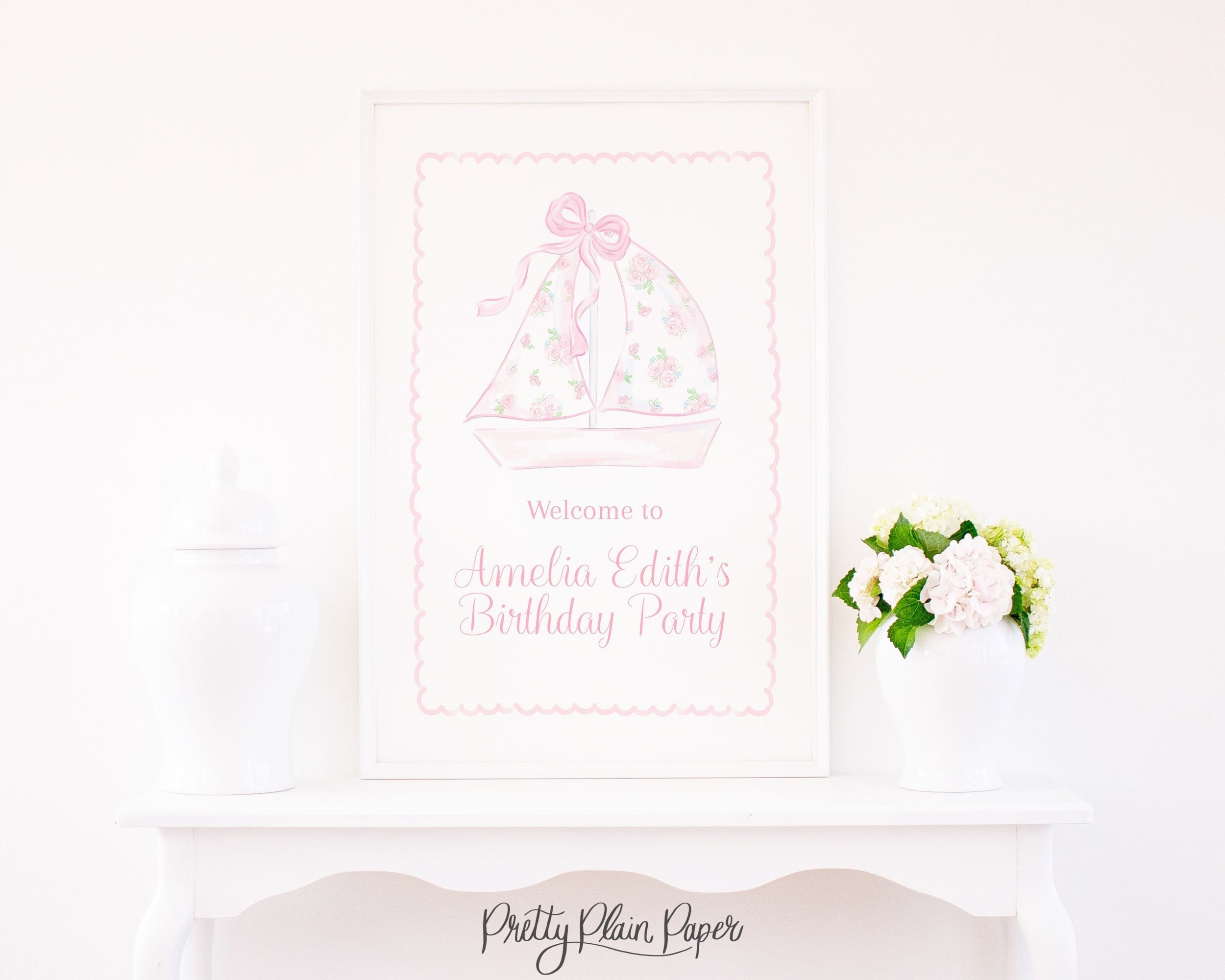 Cartello di benvenuto per barca a vela rosa acquerello / stampabile 24x36 / compleanno barca a vela con fiocco rosa / vela floreale rosa / baby shower